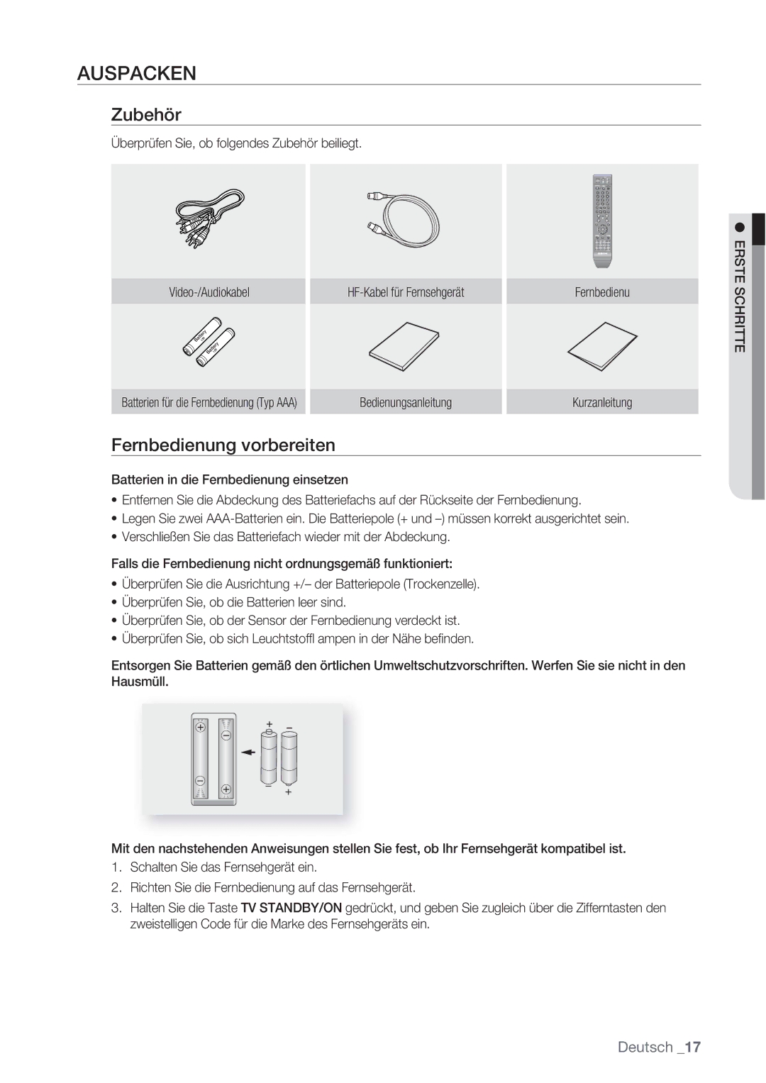 Samsung DVD-SH873/XET manual Auspacken, Zubehör, Fernbedienung vorbereiten, Batterien für die Fernbedienung Typ AAA 