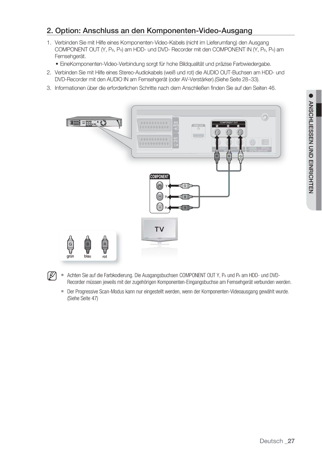 Samsung DVD-SH873/XEF, DVD-SH873/XEG, DVD-SH873/XET, DVD-SH873/EDC manual Option Anschluss an den Komponenten-Video-Ausgang 