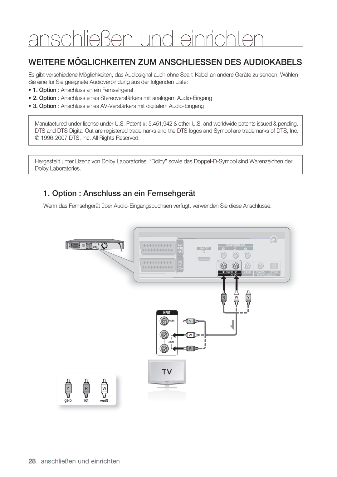 Samsung DVD-SH873/XEG manual Weitere Möglichkeiten ZUM Anschliessen DES Audiokabels, Option Anschluss an ein Fernsehgerät 