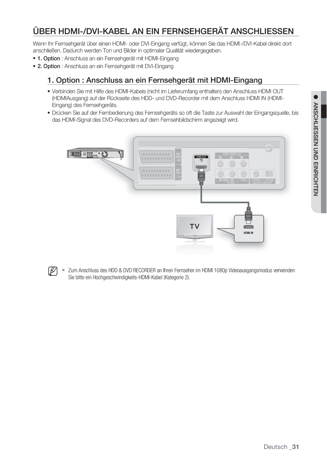 Samsung DVD-SH873/XEF, DVD-SH873/XEG, DVD-SH873/XET, DVD-SH873/EDC Über HDMI-/DVI-KABEL AN EIN Fernsehgerät Anschliessen 