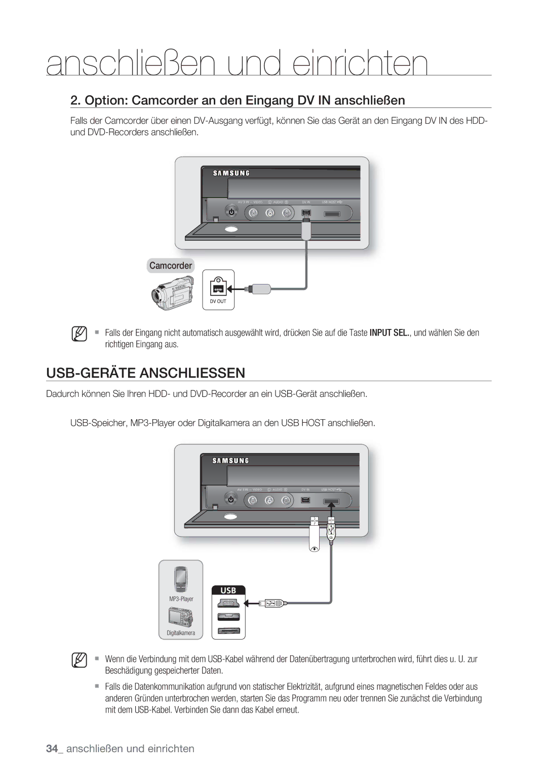 Samsung DVD-SH873/EDC, DVD-SH873/XEG manual USB-GERÄTE Anschliessen, Option Camcorder an den Eingang DV in anschließen 