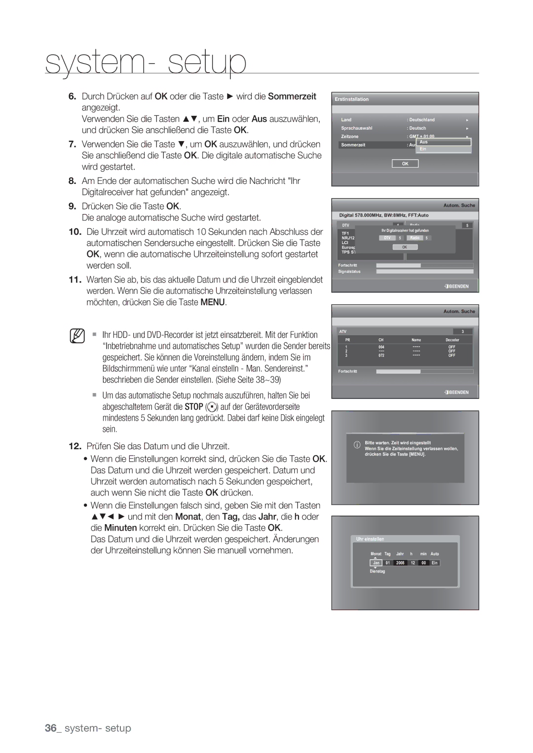 Samsung DVD-SH873/XEG, DVD-SH873/XET, DVD-SH873/EDC manual Angezeigt, Durch Drücken auf OK oder die Taste wird die Sommerzeit 