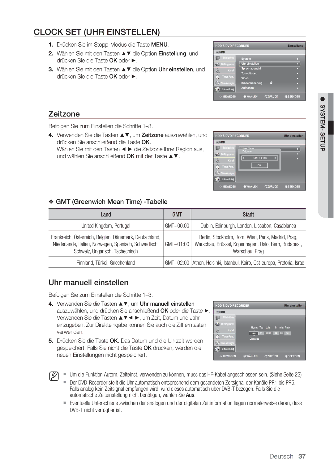 Samsung DVD-SH873/XET, DVD-SH873/XEG, DVD-SH873/EDC manual Clock SET UHR Einstellen, Zeitzone, Uhr manuell einstellen, Gmt 