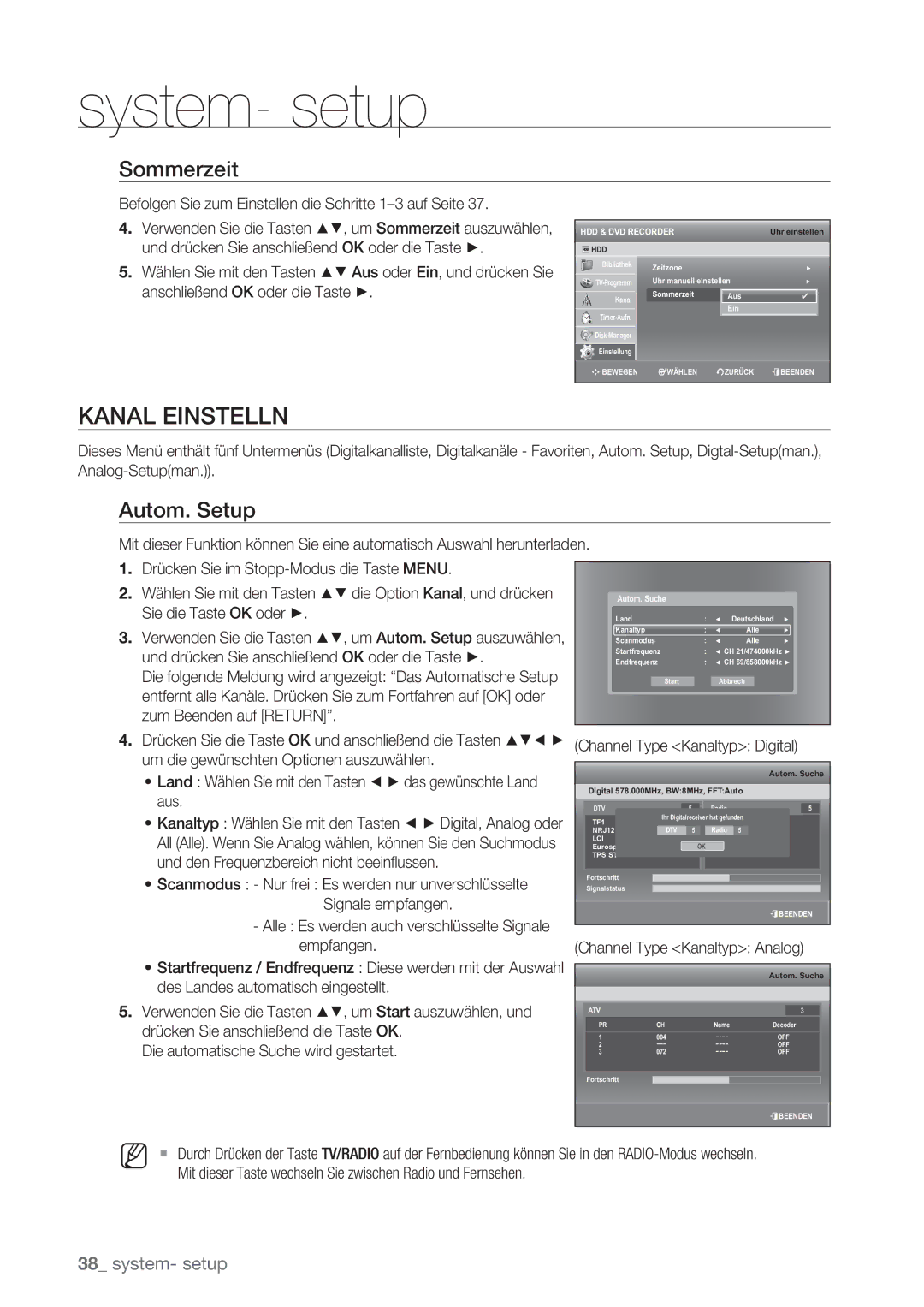 Samsung DVD-SH873/EDC, DVD-SH873/XEG, DVD-SH873/XET, DVD-SH873/XEF manual Kanal Einstelln, Sommerzeit, Autom. Setup 