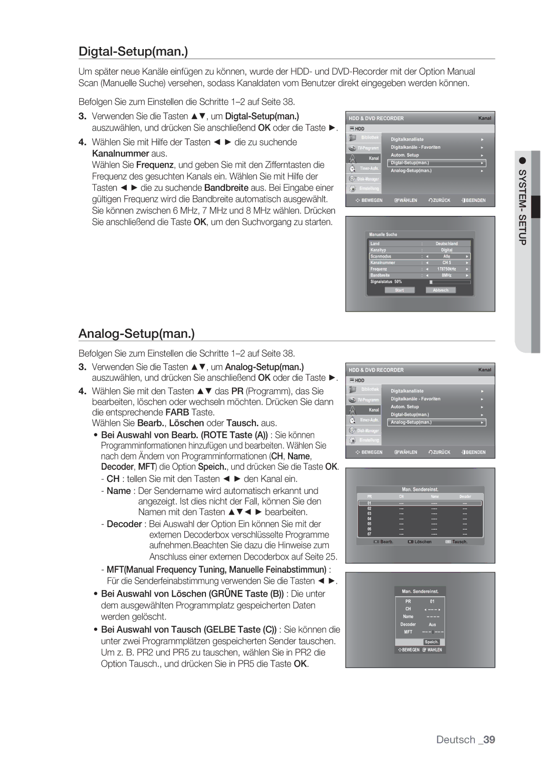 Samsung DVD-SH873/XEF manual Digtal-Setupman, Analog-Setupman, Befolgen Sie zum Einstellen die Schritte 1-2 auf Seite 