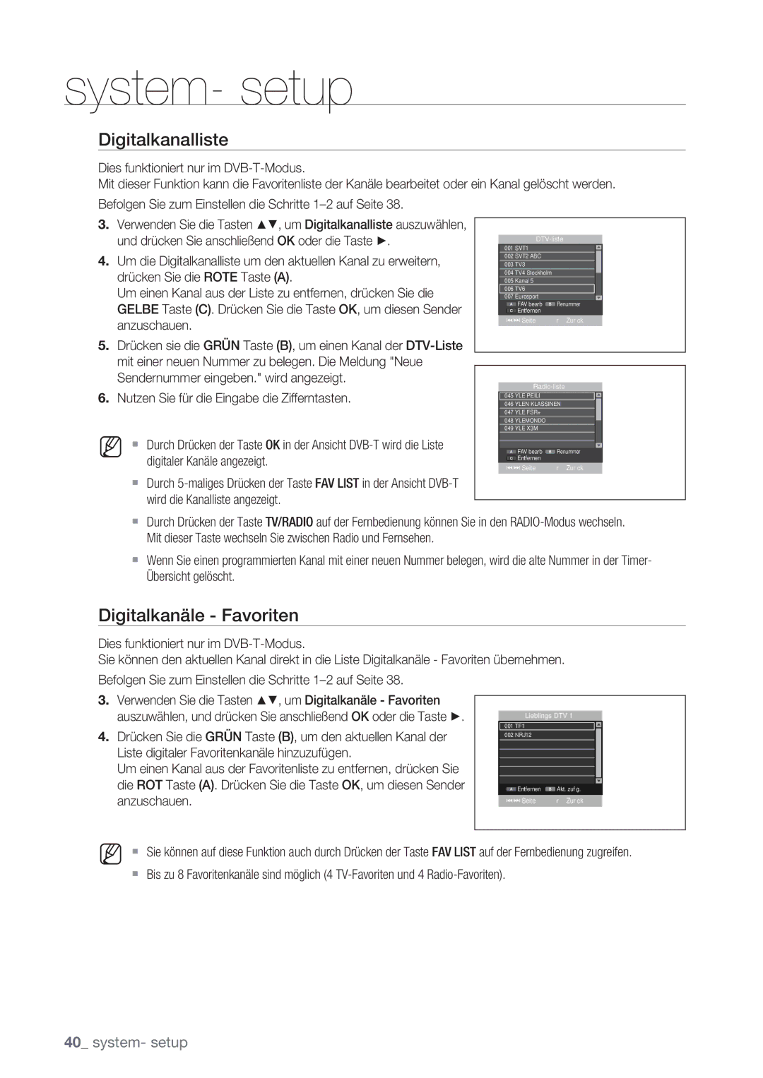 Samsung DVD-SH873/XEG, DVD-SH873/XET, DVD-SH873/EDC, DVD-SH873/XEF manual Digitalkanalliste, Digitalkanäle Favoriten 