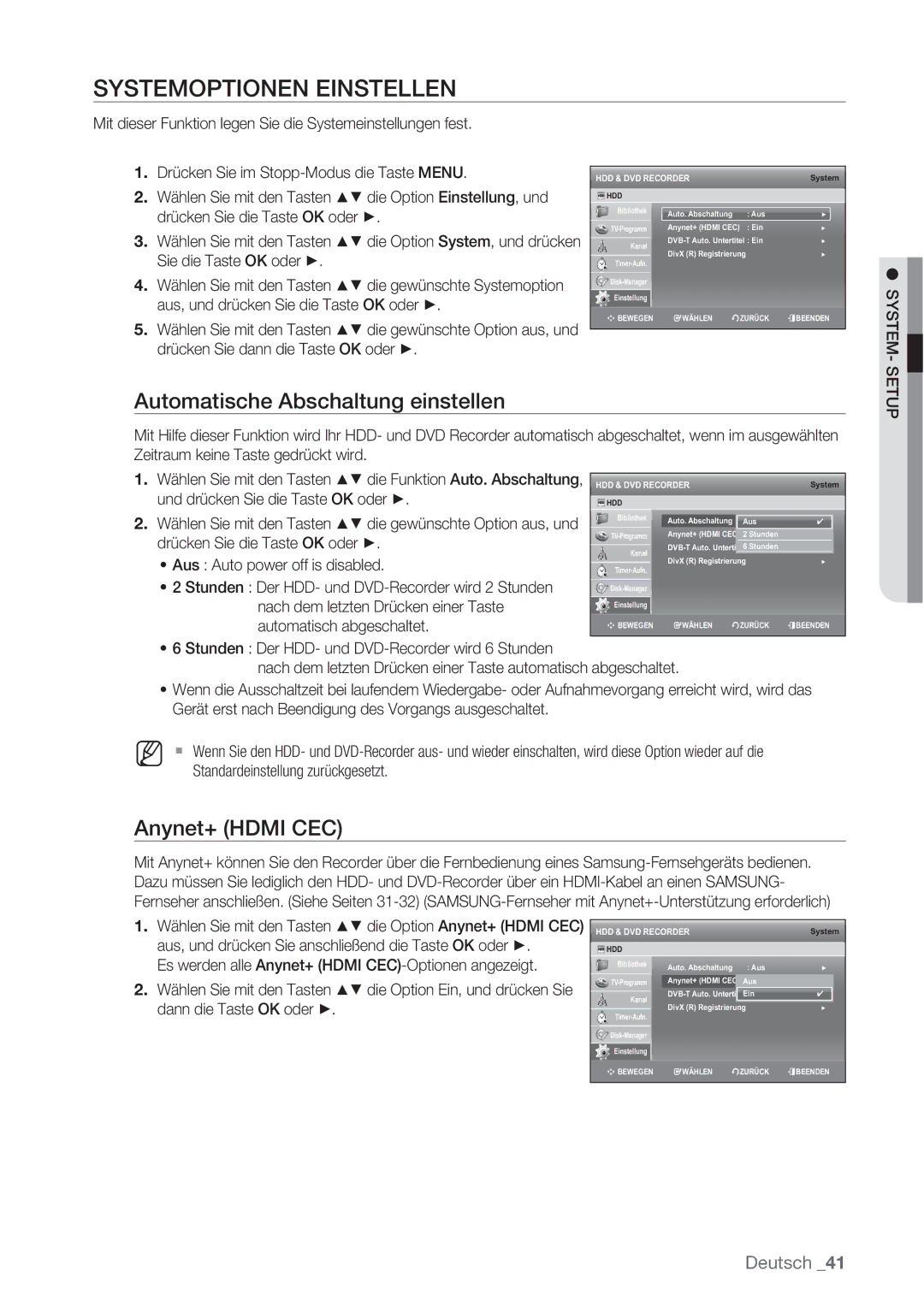 Samsung DVD-SH873/XET, DVD-SH873/XEG manual Systemoptionen Einstellen, Automatische Abschaltung einstellen, Anynet+ Hdmi CEC 