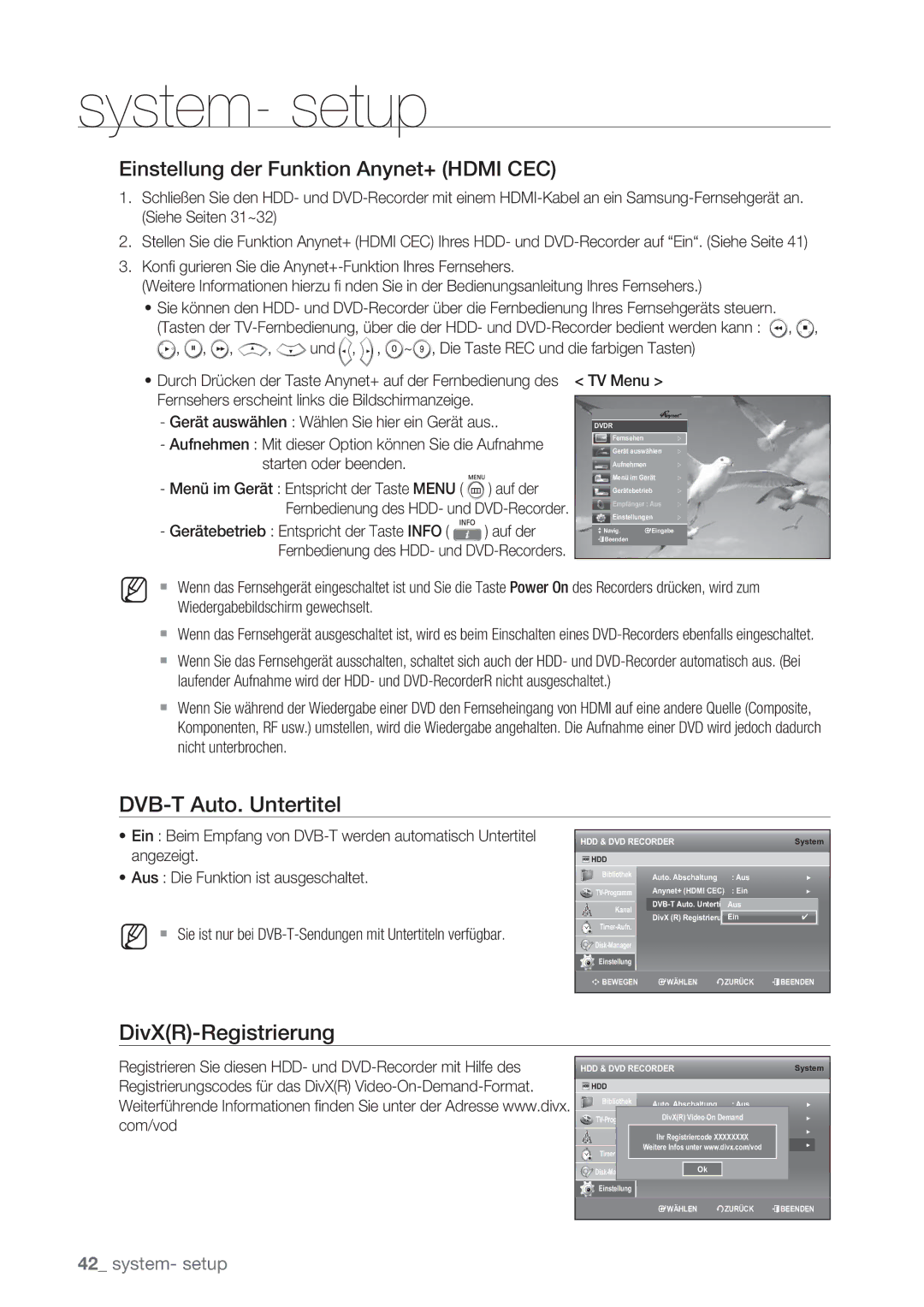 Samsung DVD-SH873/EDC manual DVB-T Auto. Untertitel, DivXR-Registrierung, Einstellung der Funktion Anynet+ Hdmi CEC 