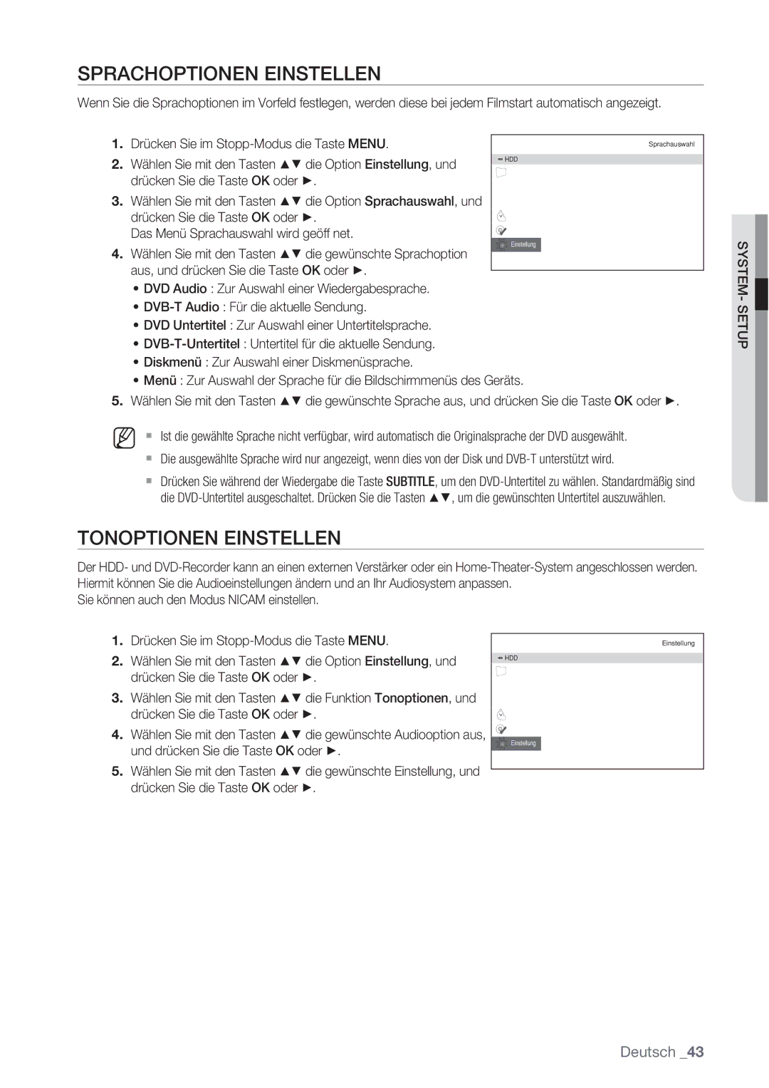 Samsung DVD-SH873/XEF, DVD-SH873/XEG, DVD-SH873/XET, DVD-SH873/EDC manual Sprachoptionen Einstellen, Tonoptionen Einstellen 