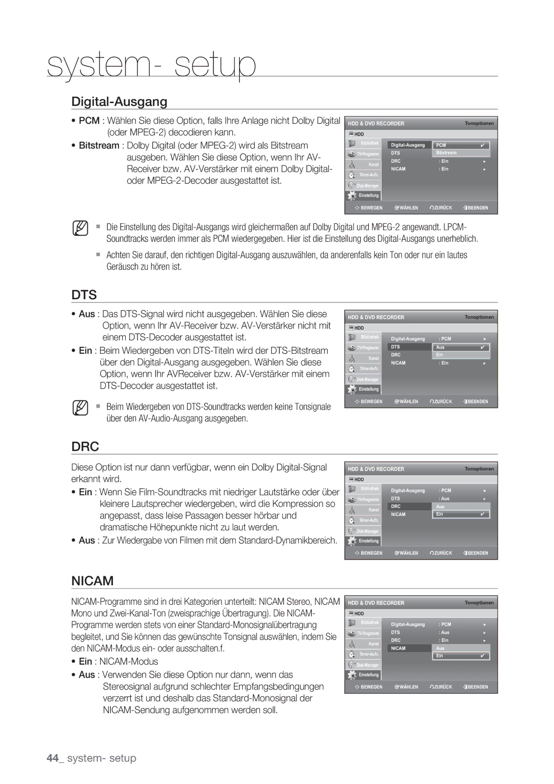 Samsung DVD-SH873/XEG, DVD-SH873/XET, DVD-SH873/EDC, DVD-SH873/XEF manual Digital-Ausgang, Ein NICAM-Modus 