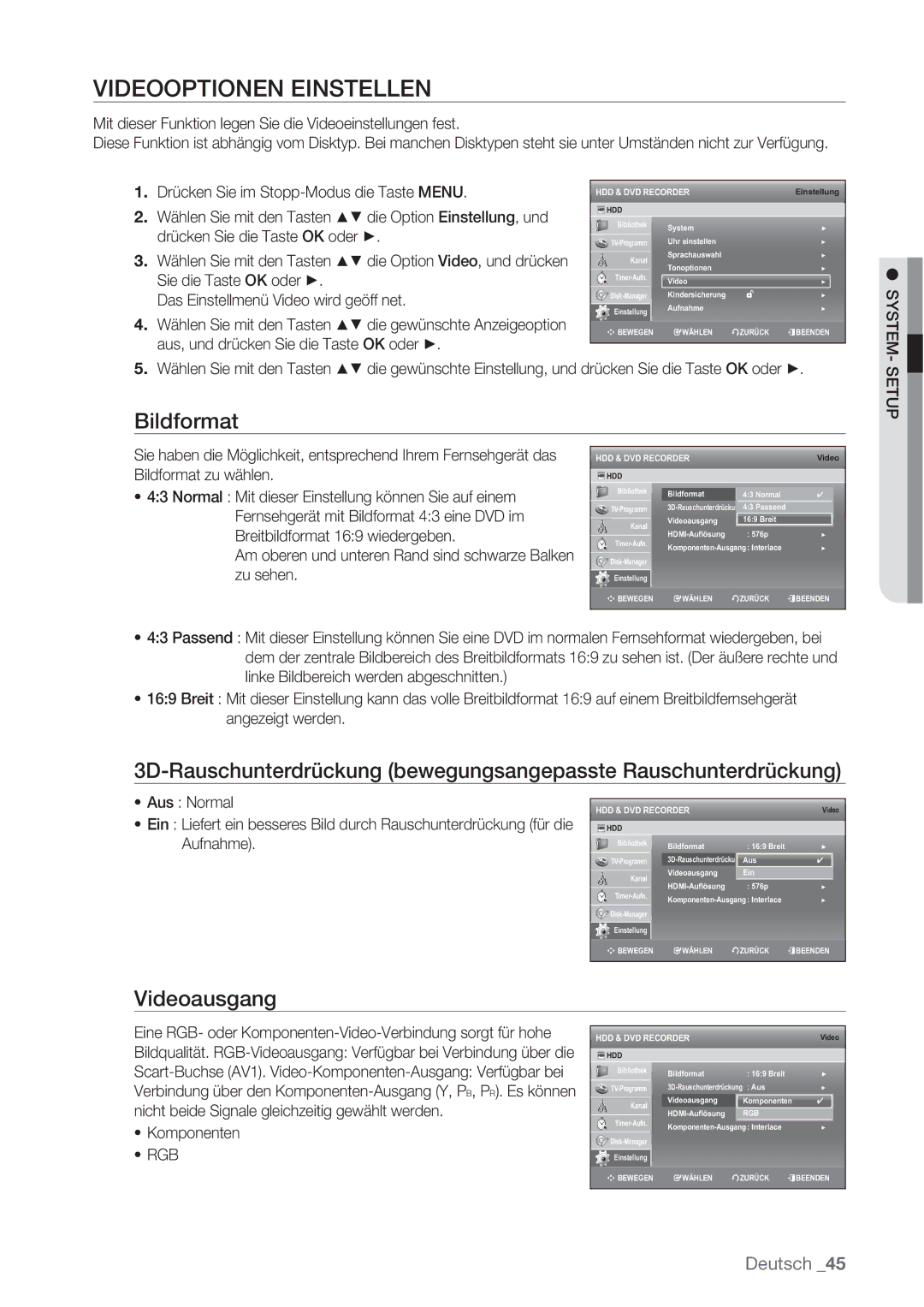 Samsung DVD-SH873/XET manual Videooptionen Einstellen, Bildformat, Videoausgang, Das Einstellmenü Video wird geöff net, Rgb 