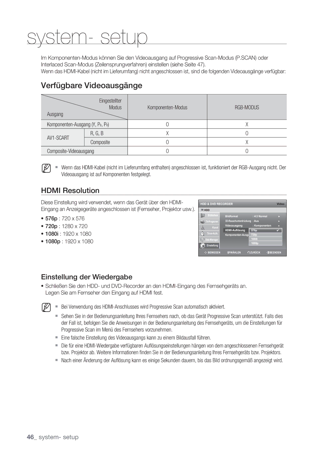 Samsung DVD-SH873/EDC, DVD-SH873/XEG, DVD-SH873/XET, DVD-SH873/XEF Hdmi Resolution, Einstellung der Wiedergabe, AV1-SCART 