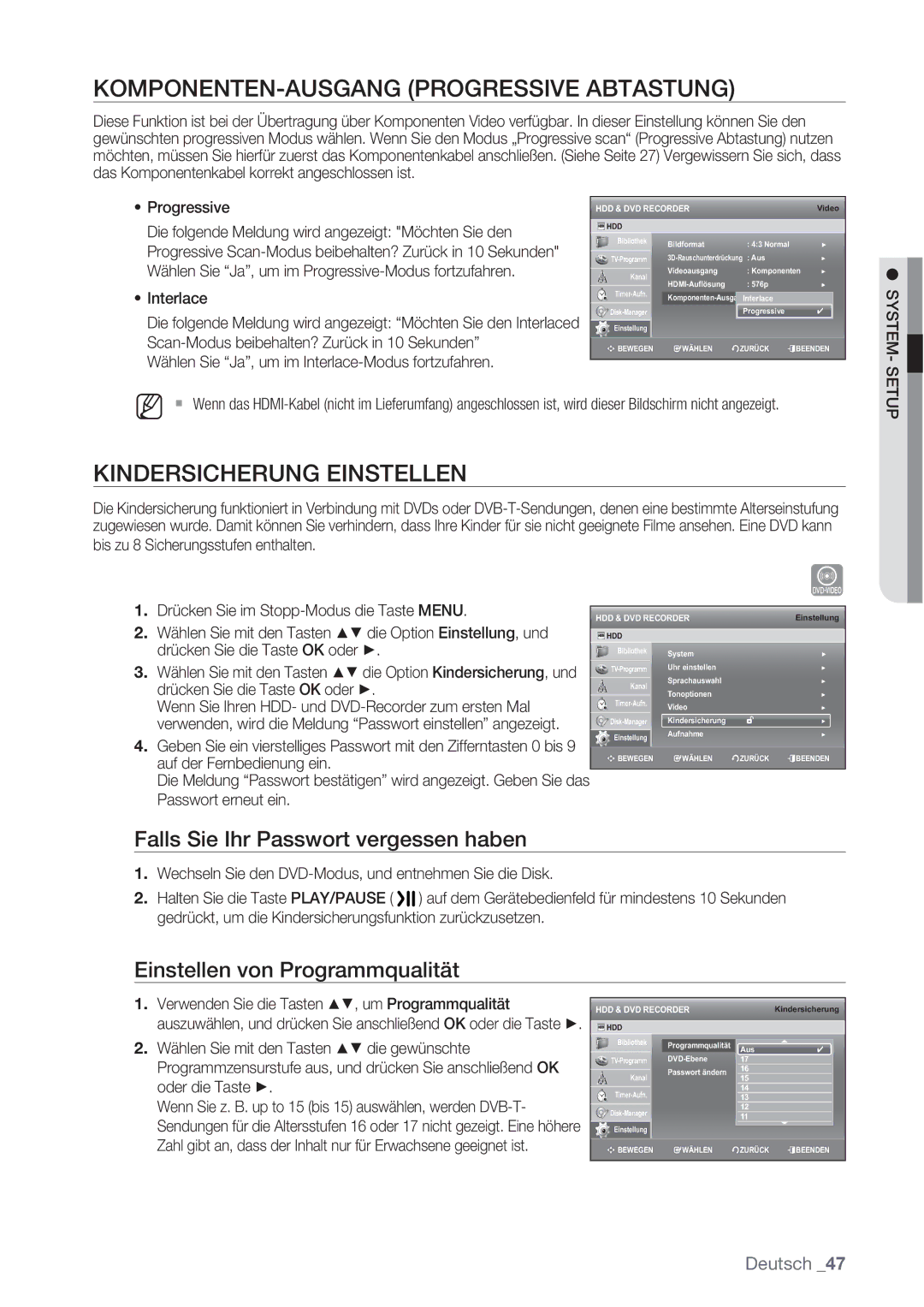 Samsung DVD-SH873/XEF, DVD-SH873/XEG, DVD-SH873/XET KOMPONENTEN-AUSGANG Progressive Abtastung, Kindersicherung Einstellen 