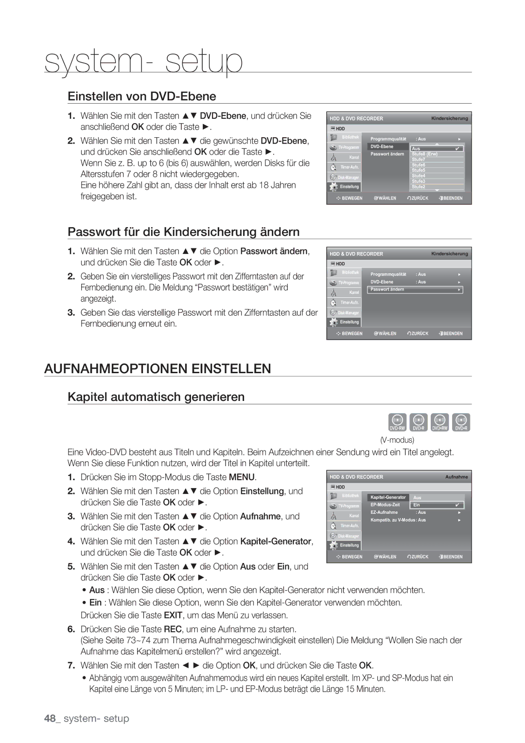 Samsung DVD-SH873/XEG Cvkl, Aufnahmeoptionen Einstellen, Einstellen von DVD-Ebene, Passwort für die Kindersicherung ändern 