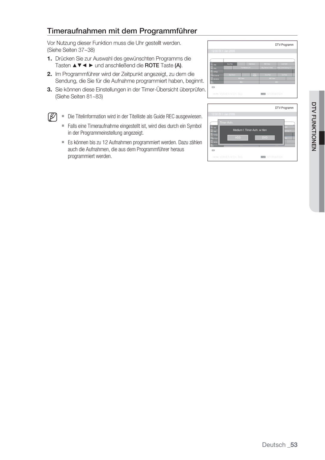 Samsung DVD-SH873/XET, DVD-SH873/XEG manual Timeraufnahmen mit dem Programmführer, #/$ VORHER./NÄCH. TAG Info Information 