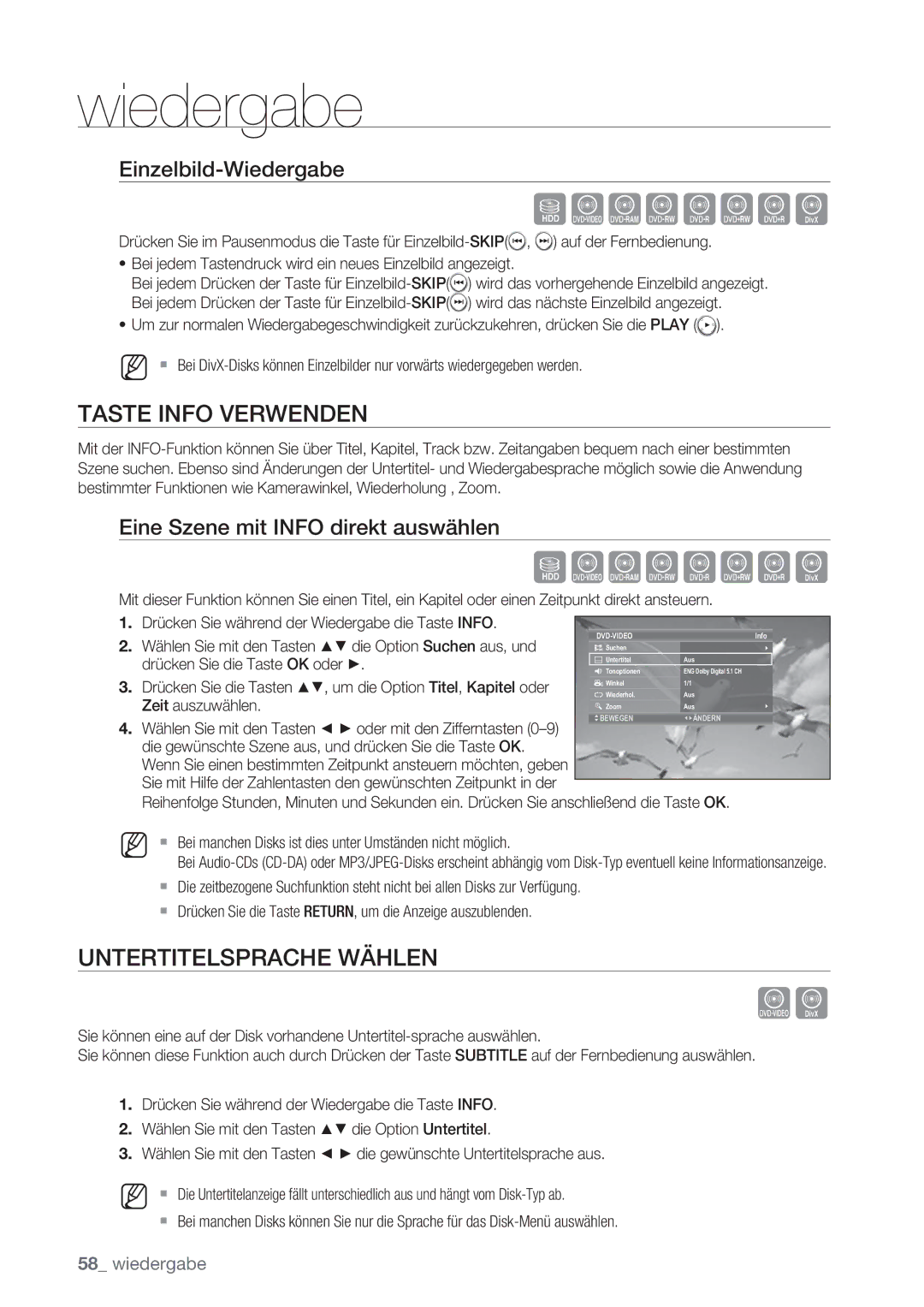 Samsung DVD-SH873/EDC, DVD-SH873/XEG, DVD-SH873/XET Taste Info Verwenden, Untertitelsprache Wählen, Einzelbild-Wiedergabe 