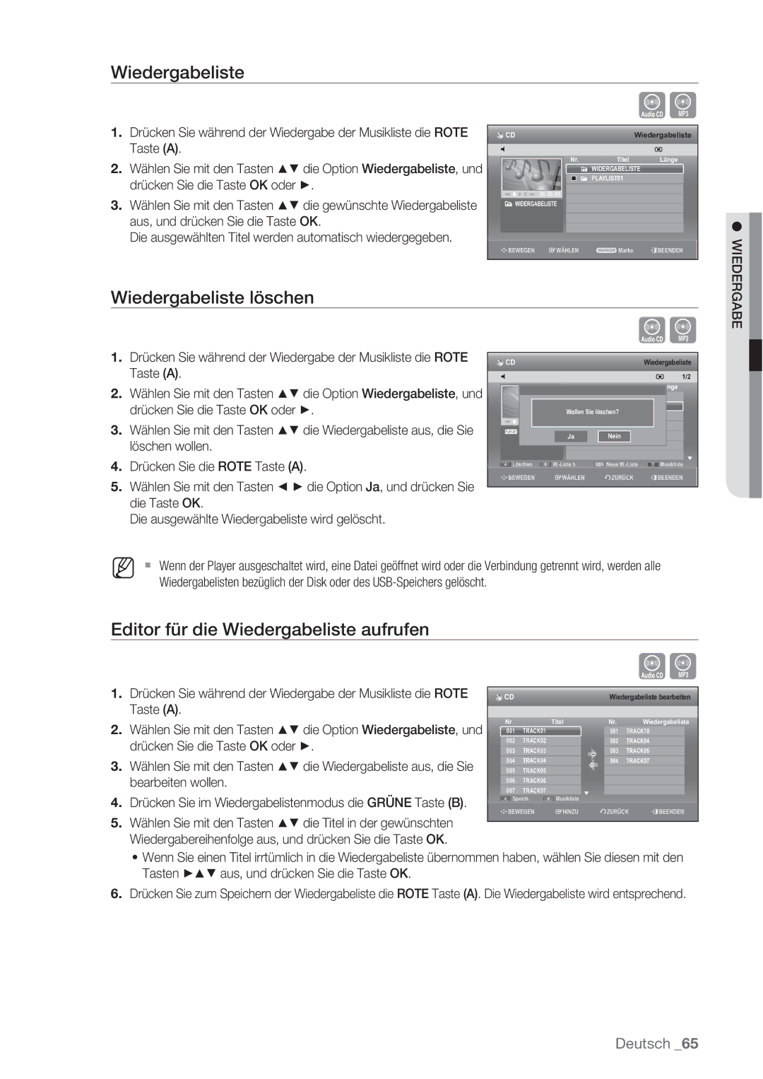 Samsung DVD-SH873/XET Wiedergabeliste löschen, Editor für die Wiedergabeliste aufrufen, Taste a, Bearbeiten wollen 