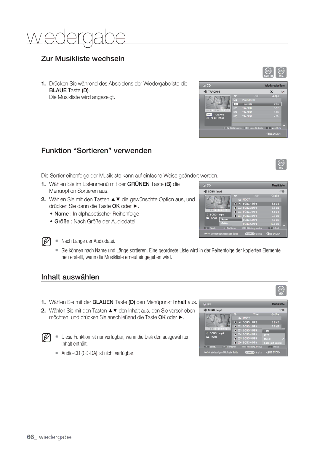 Samsung DVD-SH873/EDC, DVD-SH873/XEG, DVD-SH873/XET, DVD-SH873/XEF manual Zur Musikliste wechseln, Inhalt auswählen 