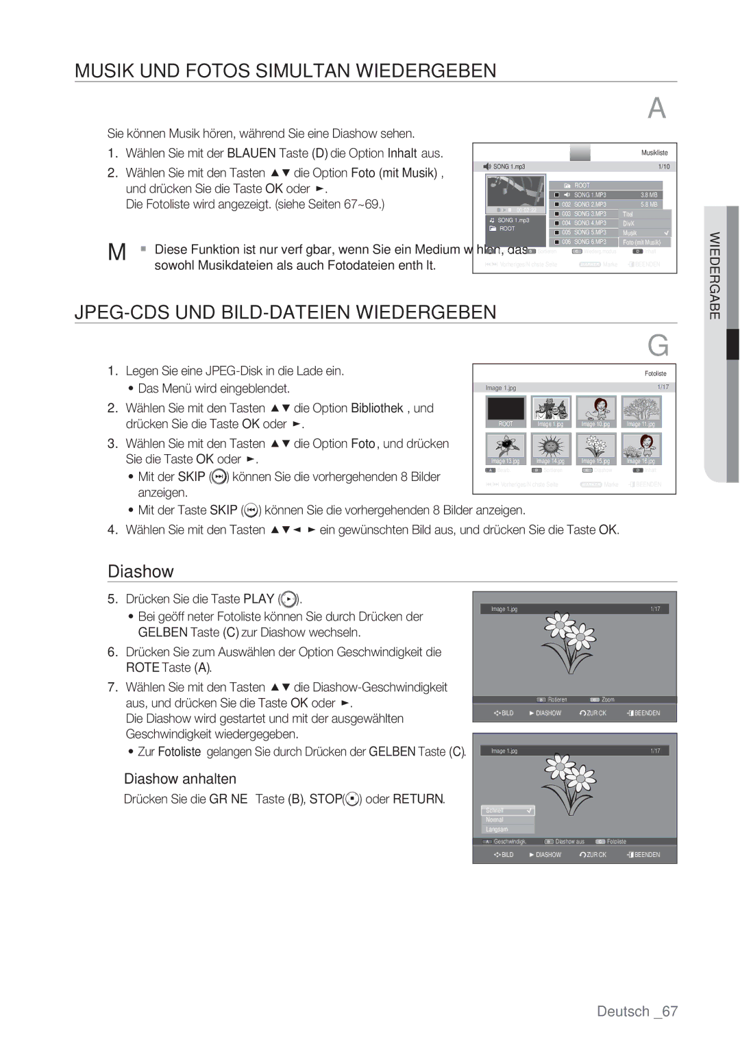 Samsung DVD-SH873/XEF, DVD-SH873/XEG Musik UND Fotos Simultan Wiedergeben, JPEG-CDS UND BILD-DATEIEN Wiedergeben, Diashow 