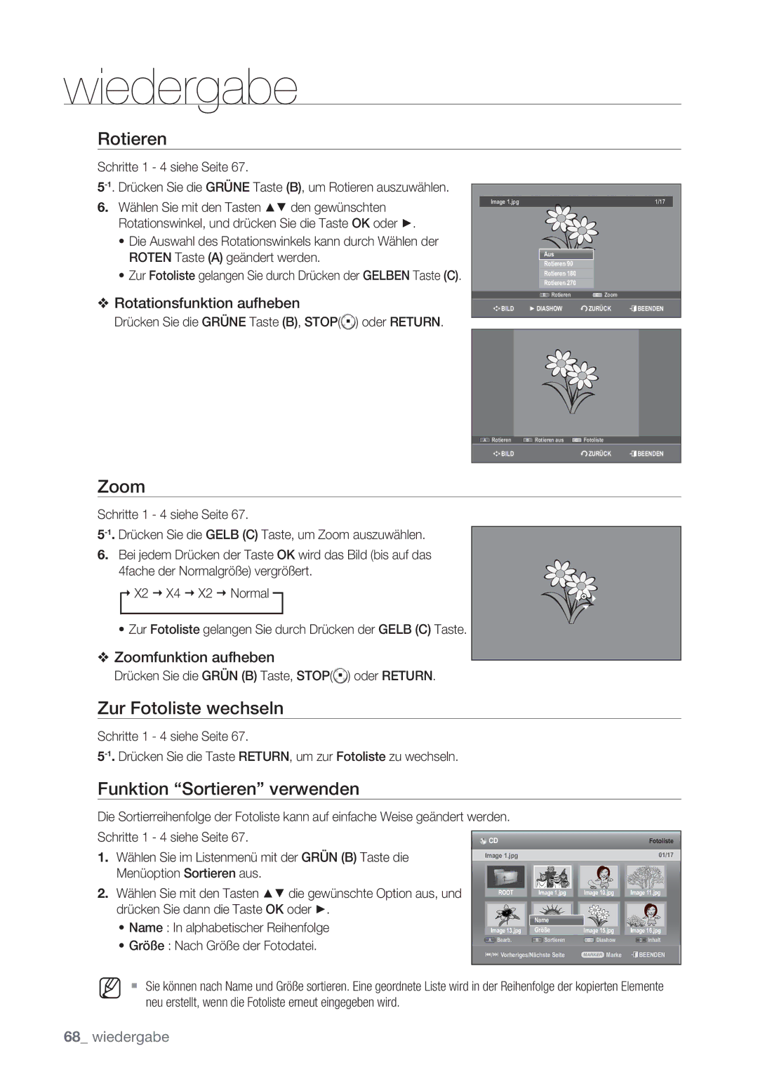 Samsung DVD-SH873/XEG, DVD-SH873/XET, DVD-SH873/EDC Rotieren, Zoom, Zur Fotoliste wechseln, Funktion Sortieren verwenden 