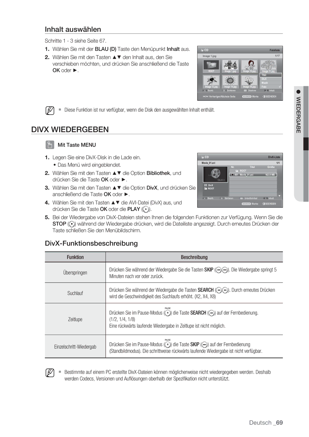 Samsung DVD-SH873/XET, DVD-SH873/XEG, DVD-SH873/EDC, DVD-SH873/XEF manual Divx Wiedergeben, DivX-Funktionsbeschreibung 