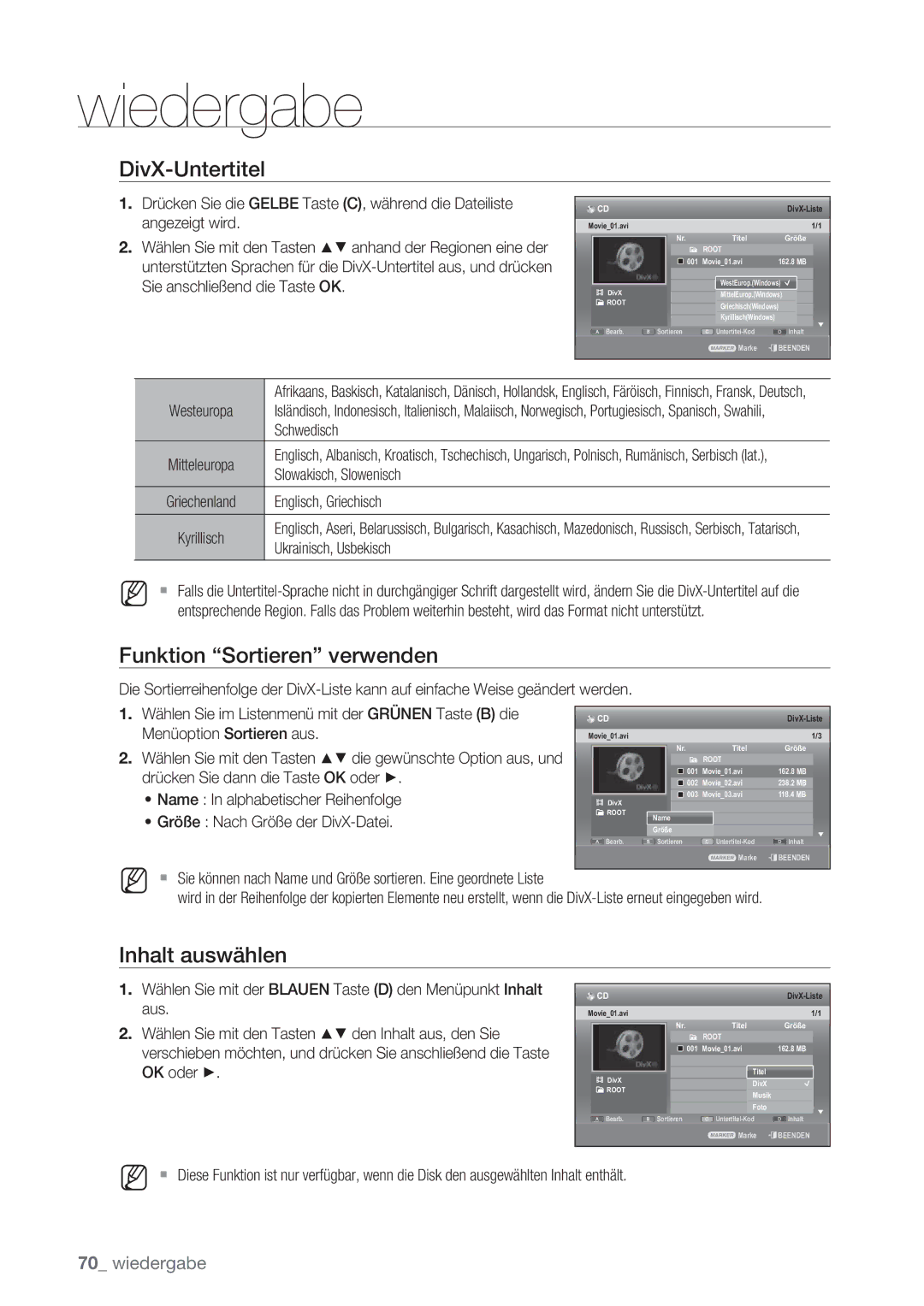 Samsung DVD-SH873/EDC, DVD-SH873/XEG, DVD-SH873/XET, DVD-SH873/XEF manual DivX-Untertitel, Größe Nach Größe der DivX-Datei 