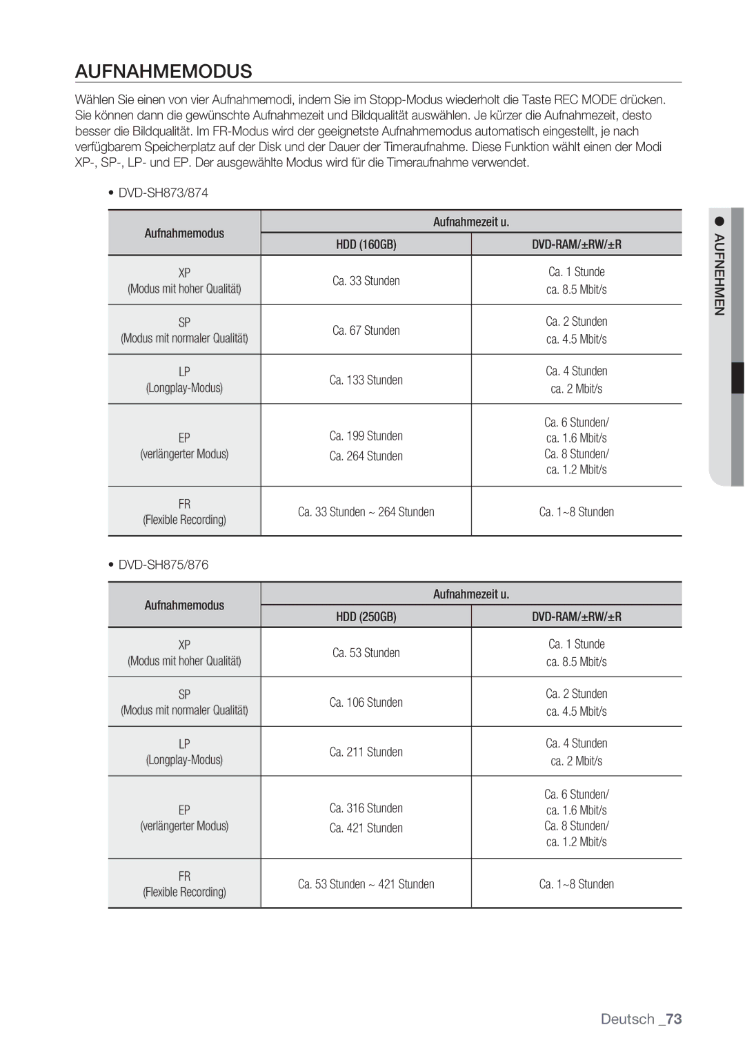 Samsung DVD-SH873/XET, DVD-SH873/XEG, DVD-SH873/EDC, DVD-SH873/XEF manual DVD-SH873/874 Aufnahmemodus Aufnahmezeit u 