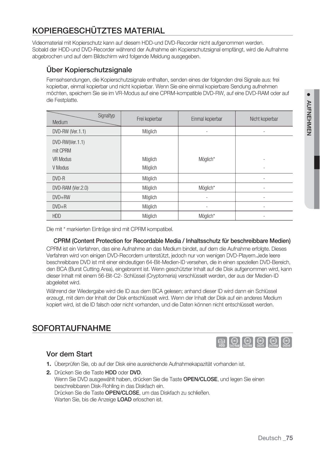 Samsung DVD-SH873/XEF, DVD-SH873/XEG Kopiergeschütztes Material, Sofortaufnahme, Über Kopierschutzsignale, Vor dem Start 