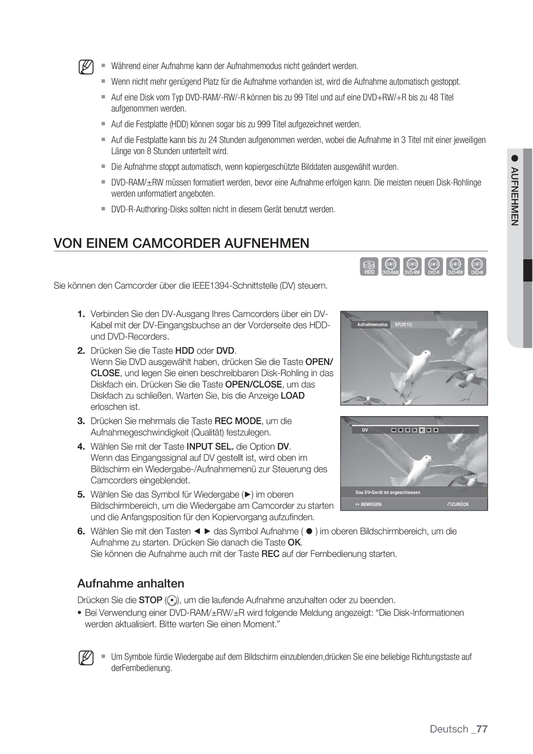 Samsung DVD-SH873/XET, DVD-SH873/XEG, DVD-SH873/EDC, DVD-SH873/XEF manual VON Einem Camcorder Aufnehmen 