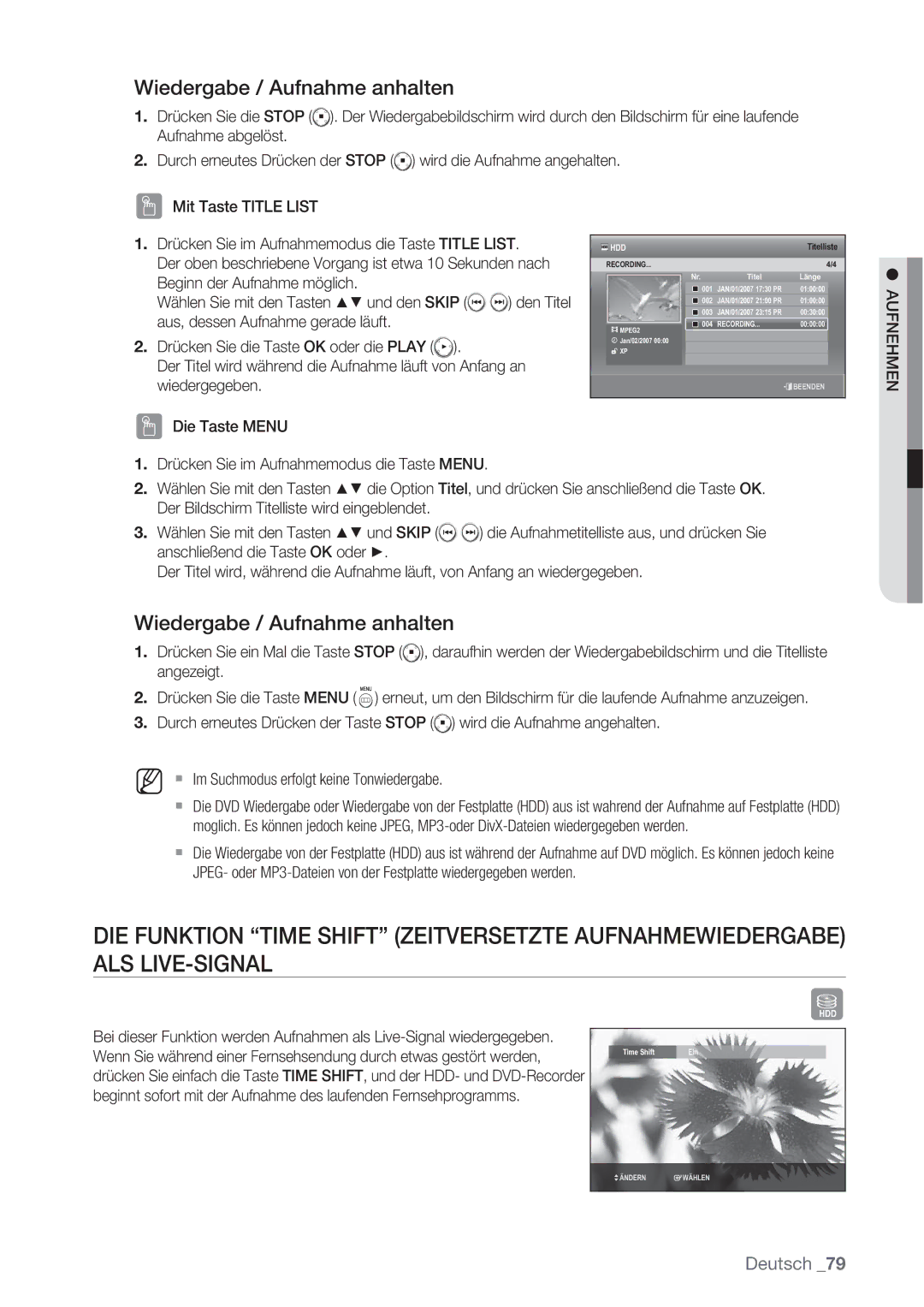 Samsung DVD-SH873/XEF, DVD-SH873/XEG, DVD-SH873/XET, DVD-SH873/EDC manual Wiedergabe / Aufnahme anhalten 