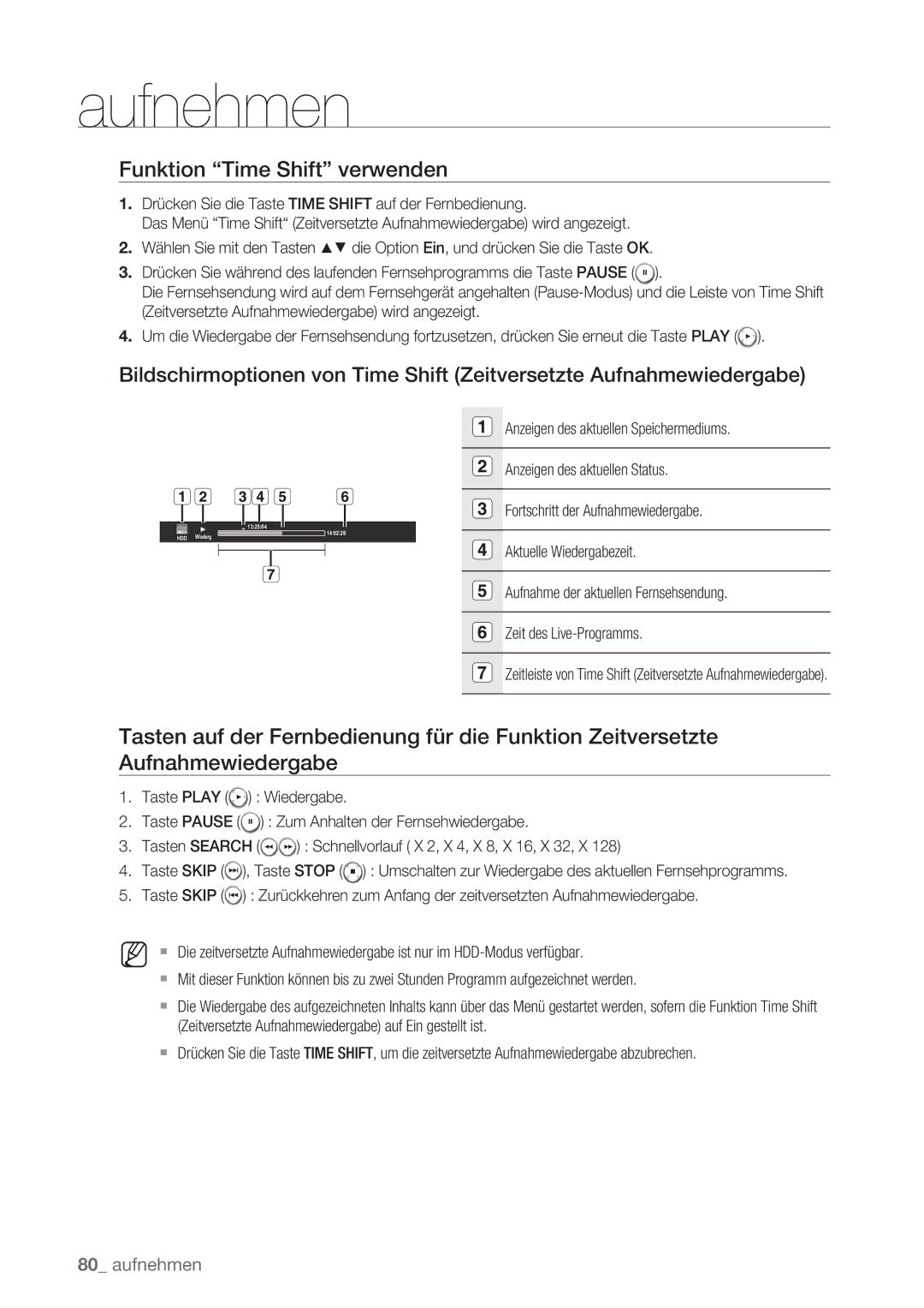 Samsung DVD-SH873/XEG manual Funktion Time Shift verwenden, Zeitleiste von Time Shift Zeitversetzte Aufnahmewiedergabe 