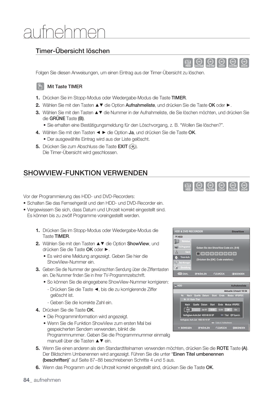 Samsung DVD-SH873/XEG, DVD-SH873/XET, DVD-SH873/EDC, DVD-SH873/XEF manual SHOWVIEW-FUNKTION Verwenden, Timer-Übersicht löschen 