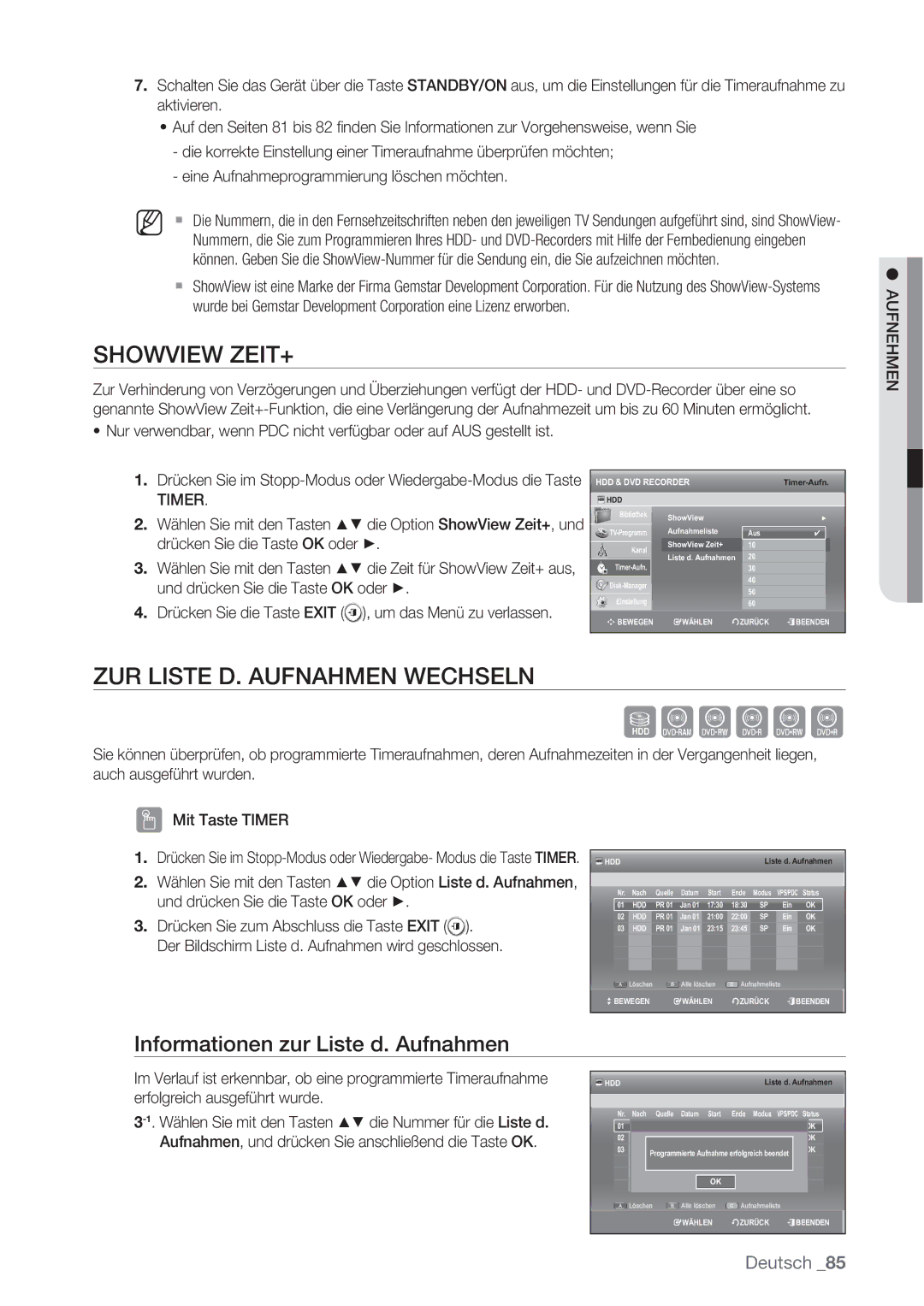 Samsung DVD-SH873/XET manual Showview ZEIT+, ZUR Liste D. Aufnahmen Wechseln, Informationen zur Liste d. Aufnahmen, Timer 