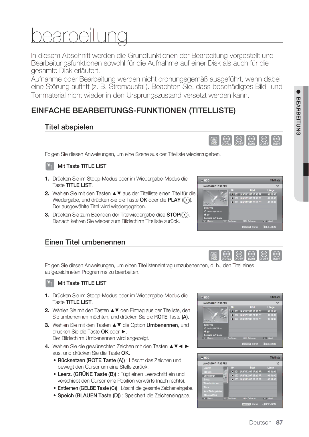 Samsung DVD-SH873/XEF, DVD-SH873/XEG Einfache BEARBEITUNGS-FUNKTIONEN Titelliste, Titel abspielen, Einen Titel umbenennen 