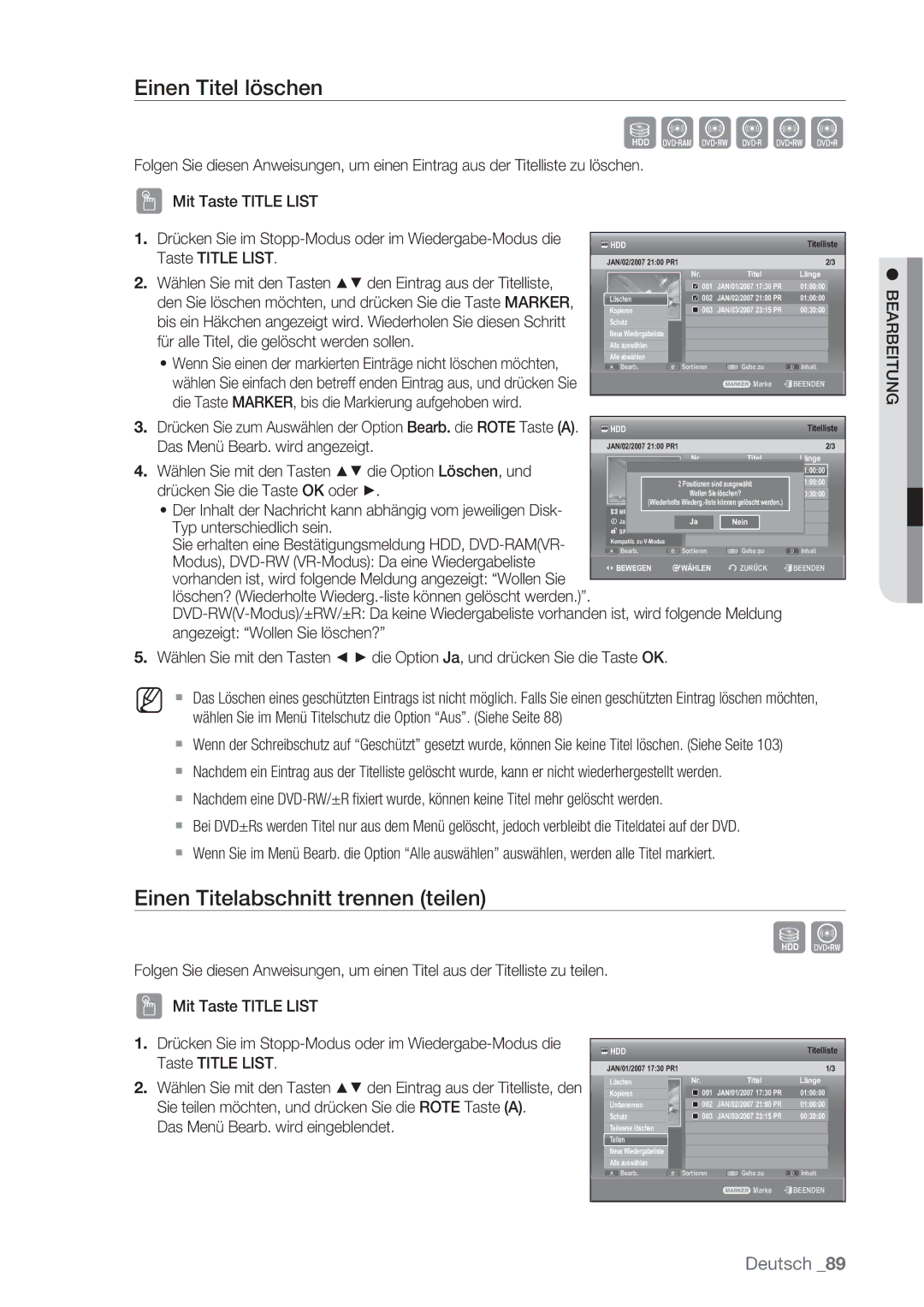 Samsung DVD-SH873/XET, DVD-SH873/XEG, DVD-SH873/EDC, DVD-SH873/XEF Einen Titel löschen, Einen Titelabschnitt trennen teilen 