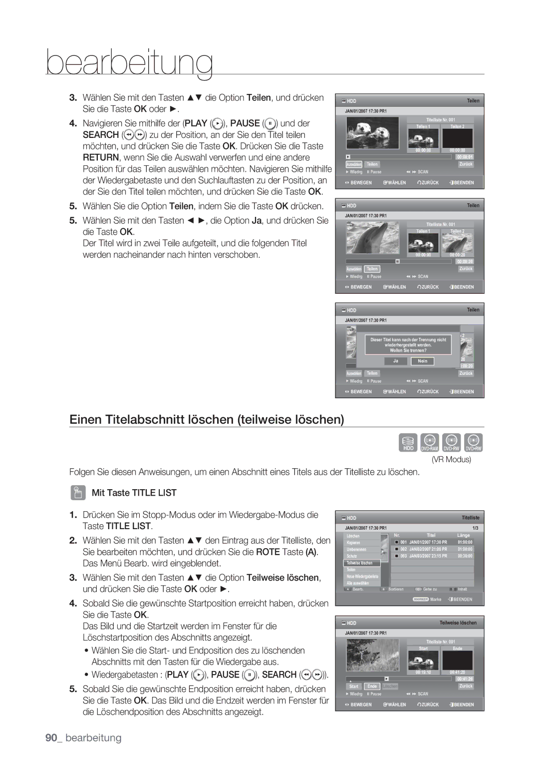 Samsung DVD-SH873/EDC, DVD-SH873/XEG, DVD-SH873/XET, DVD-SH873/XEF manual Sxck, Einen Titelabschnitt löschen teilweise löschen 