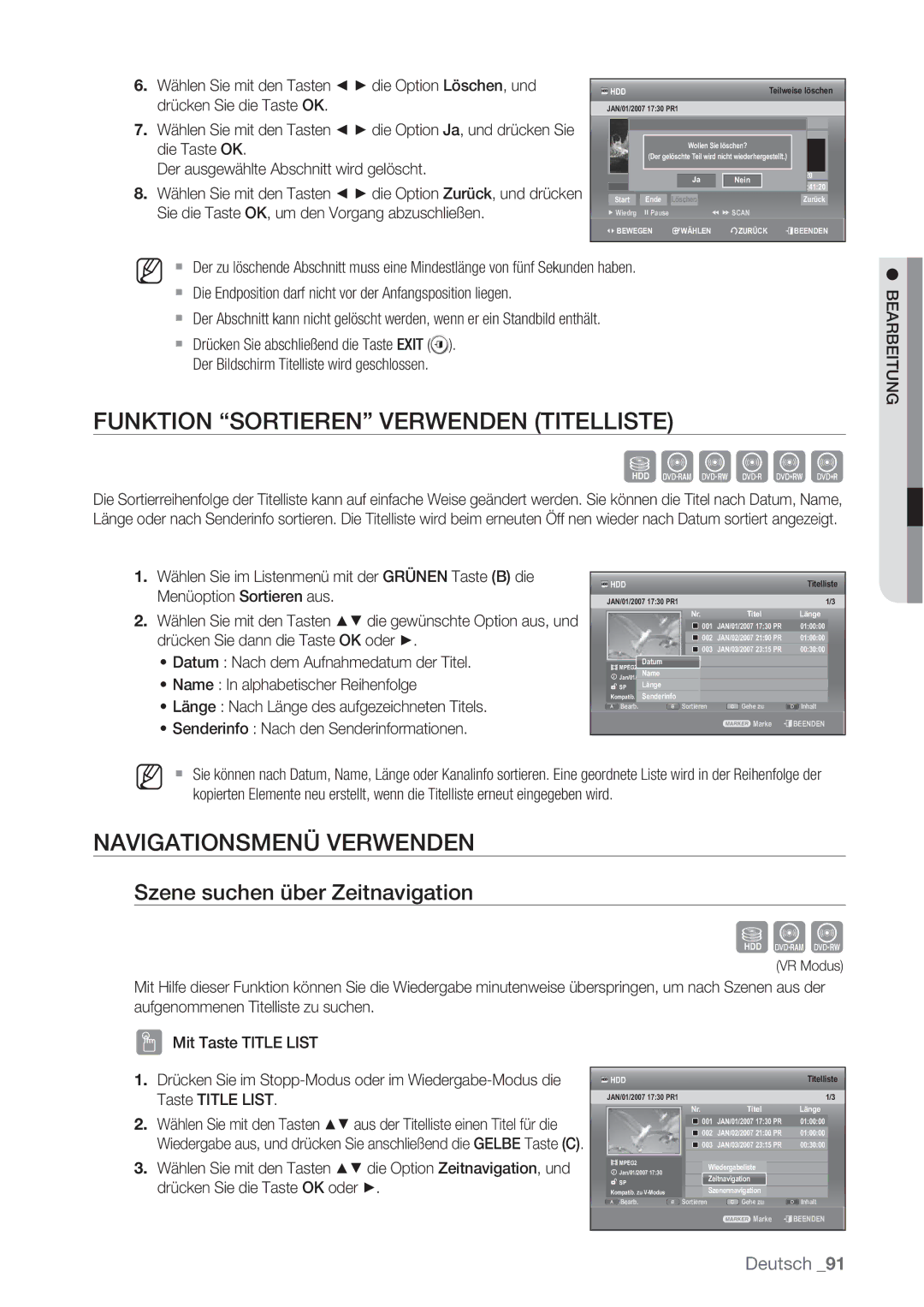 Samsung DVD-SH873/XEF Funktion Sortieren Verwenden Titelliste, Navigationsmenü Verwenden, Szene suchen über Zeitnavigation 