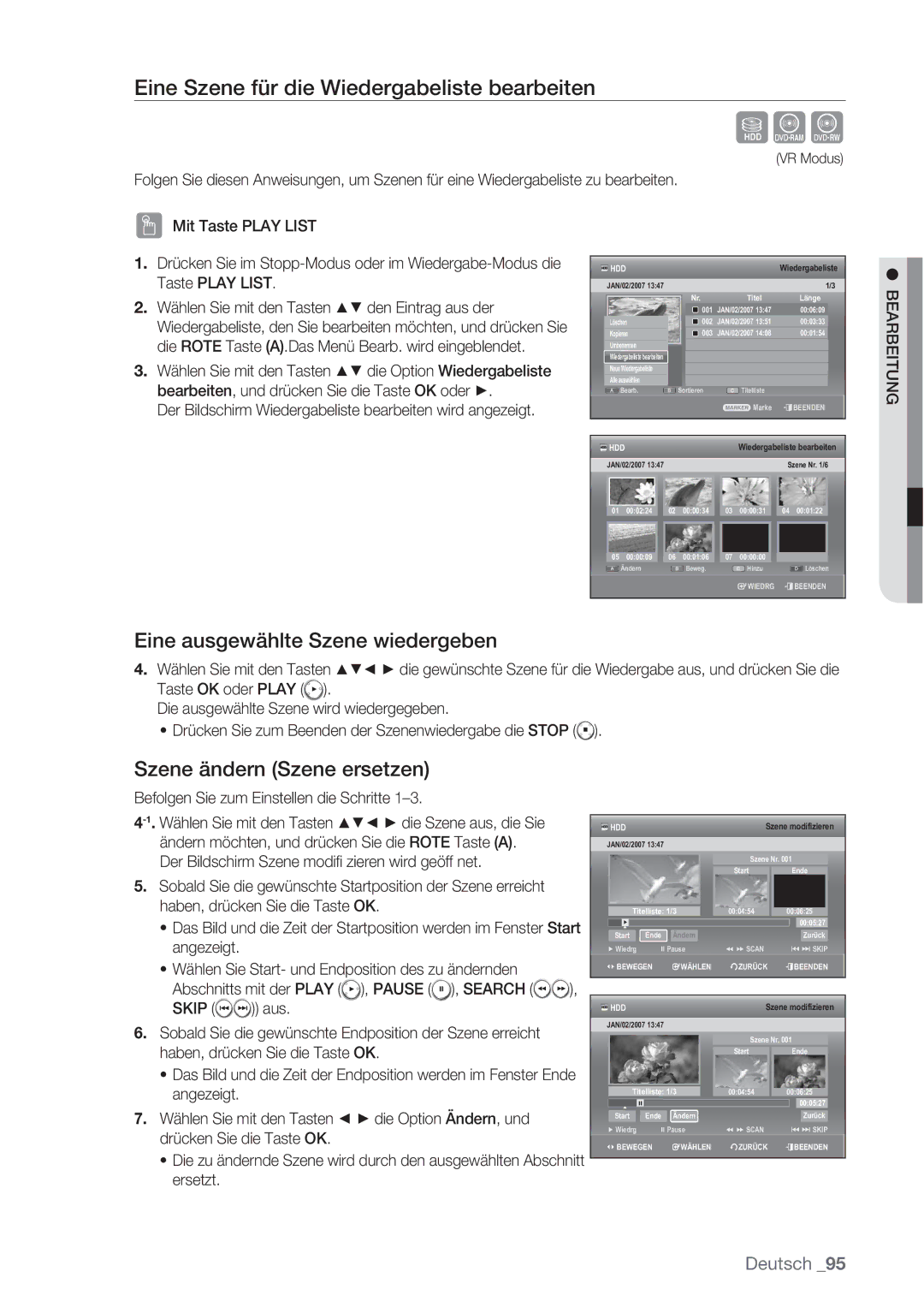 Samsung DVD-SH873/XEF, DVD-SH873/XEG Eine Szene für die Wiedergabeliste bearbeiten, Eine ausgewählte Szene wiedergeben 