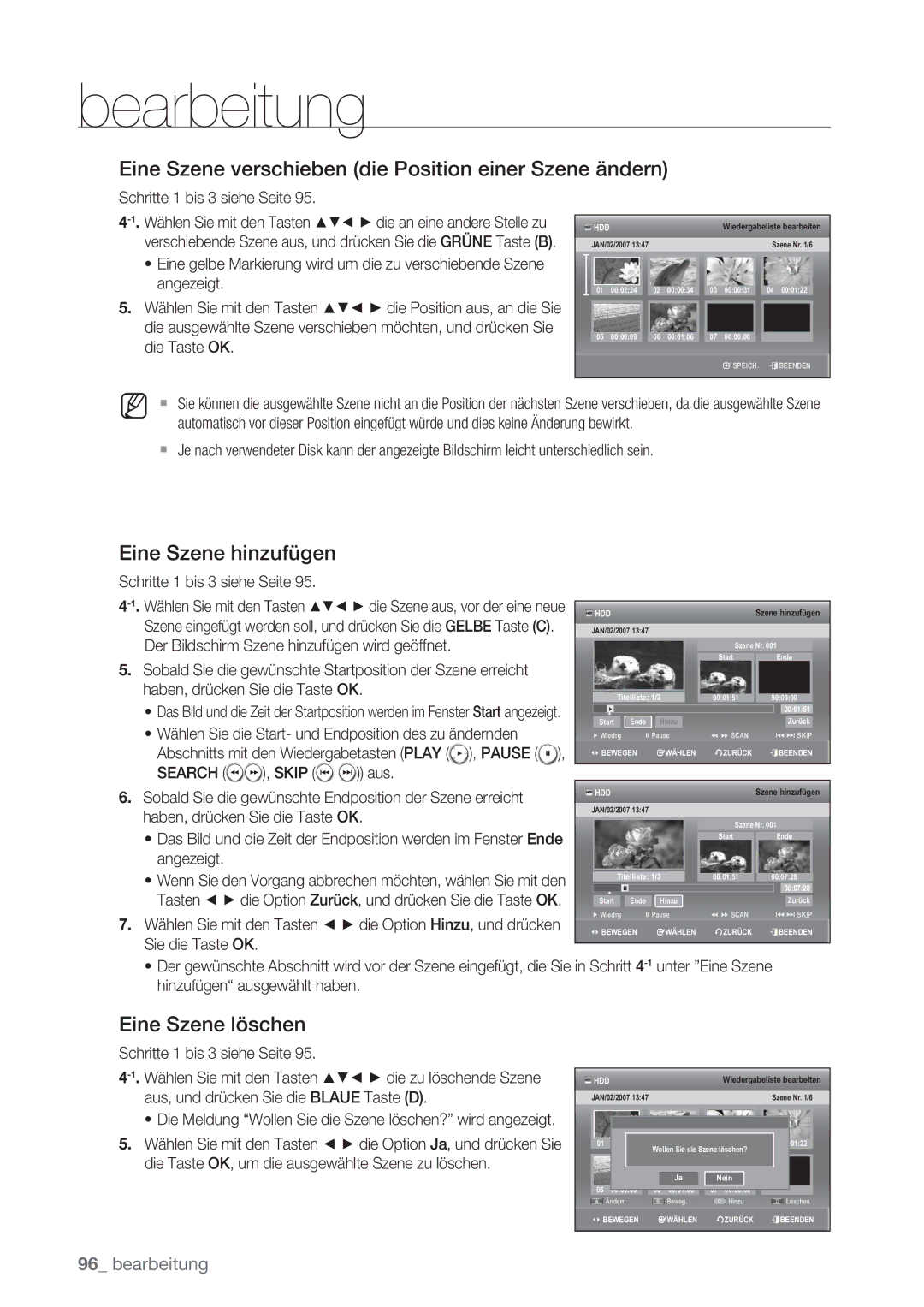 Samsung DVD-SH873/XEG, DVD-SH873/XET manual Eine Szene verschieben die Position einer Szene ändern, Eine Szene löschen 