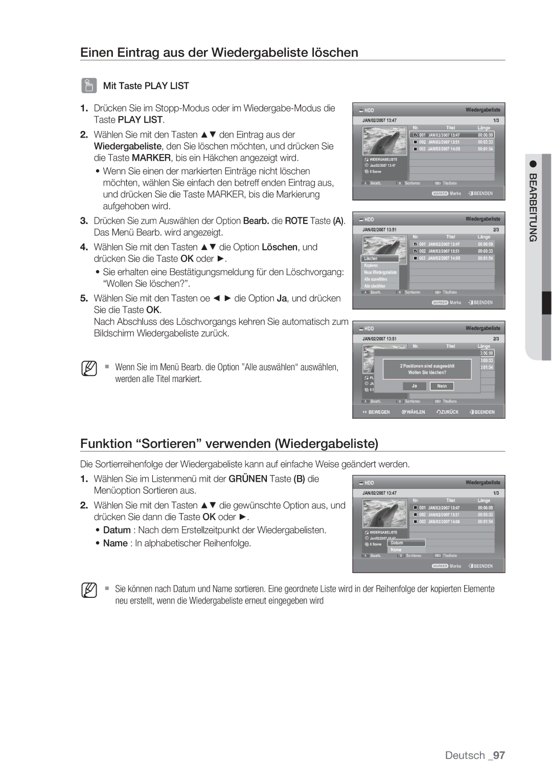 Samsung DVD-SH873/XET manual Einen Eintrag aus der Wiedergabeliste löschen, Funktion Sortieren verwenden Wiedergabeliste 