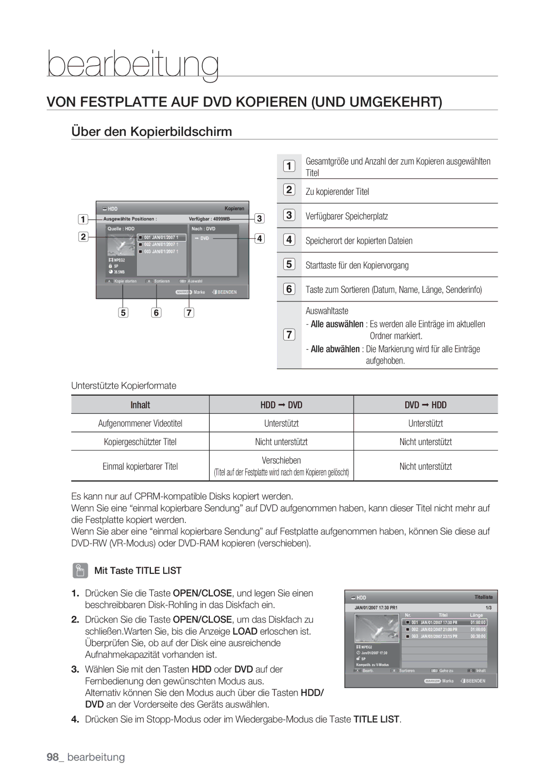 Samsung DVD-SH873/EDC manual VON Festplatte AUF DVD Kopieren UND Umgekehrt, Über den Kopierbildschirm, Ordner markiert 