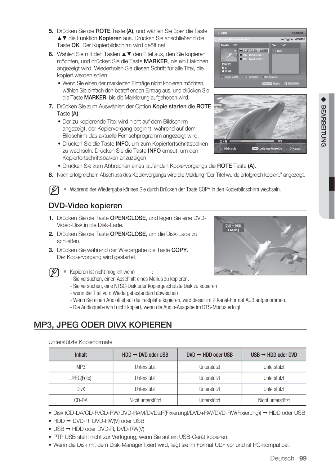 Samsung DVD-SH873/XEF, DVD-SH873/XEG, DVD-SH873/XET, DVD-SH873/EDC manual MP3, Jpeg Oder Divx Kopieren, DVD-Video kopieren 