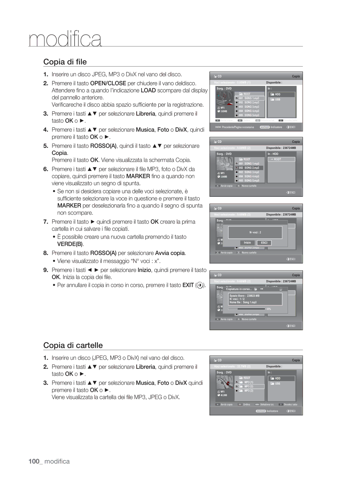 Samsung DVD-SH873/XET, DVD-SH873/XEF manual Copia di ﬁle, Copia di cartelle 