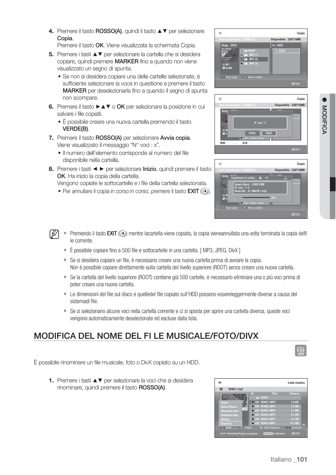 Samsung DVD-SH873/XEF, DVD-SH873/XET manual Modifica DEL Nome DEL FI LE MUSICALE/FOTO/DIVX 