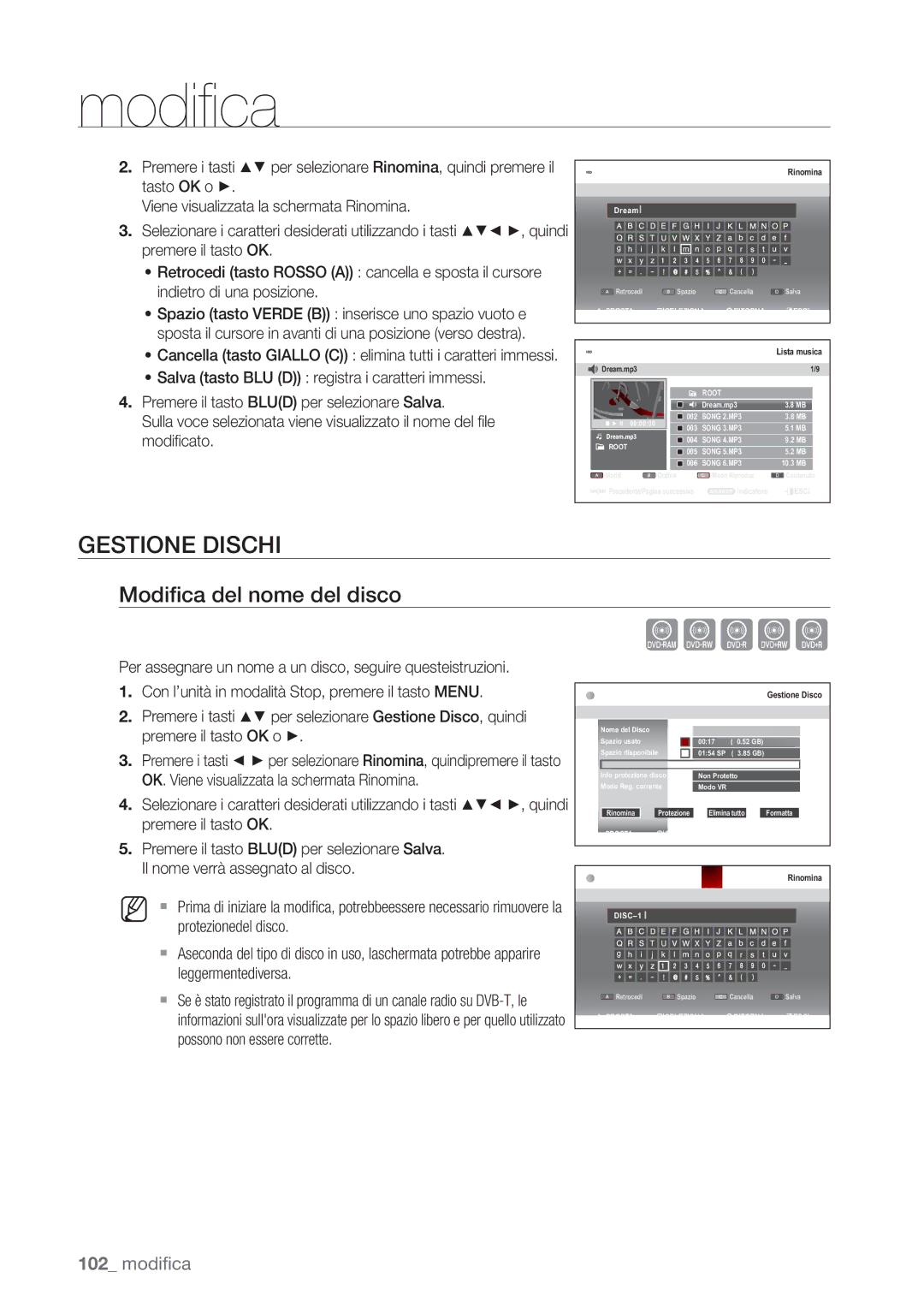 Samsung DVD-SH873/XET, DVD-SH873/XEF manual Gestione Dischi, Modiﬁca del nome del disco 