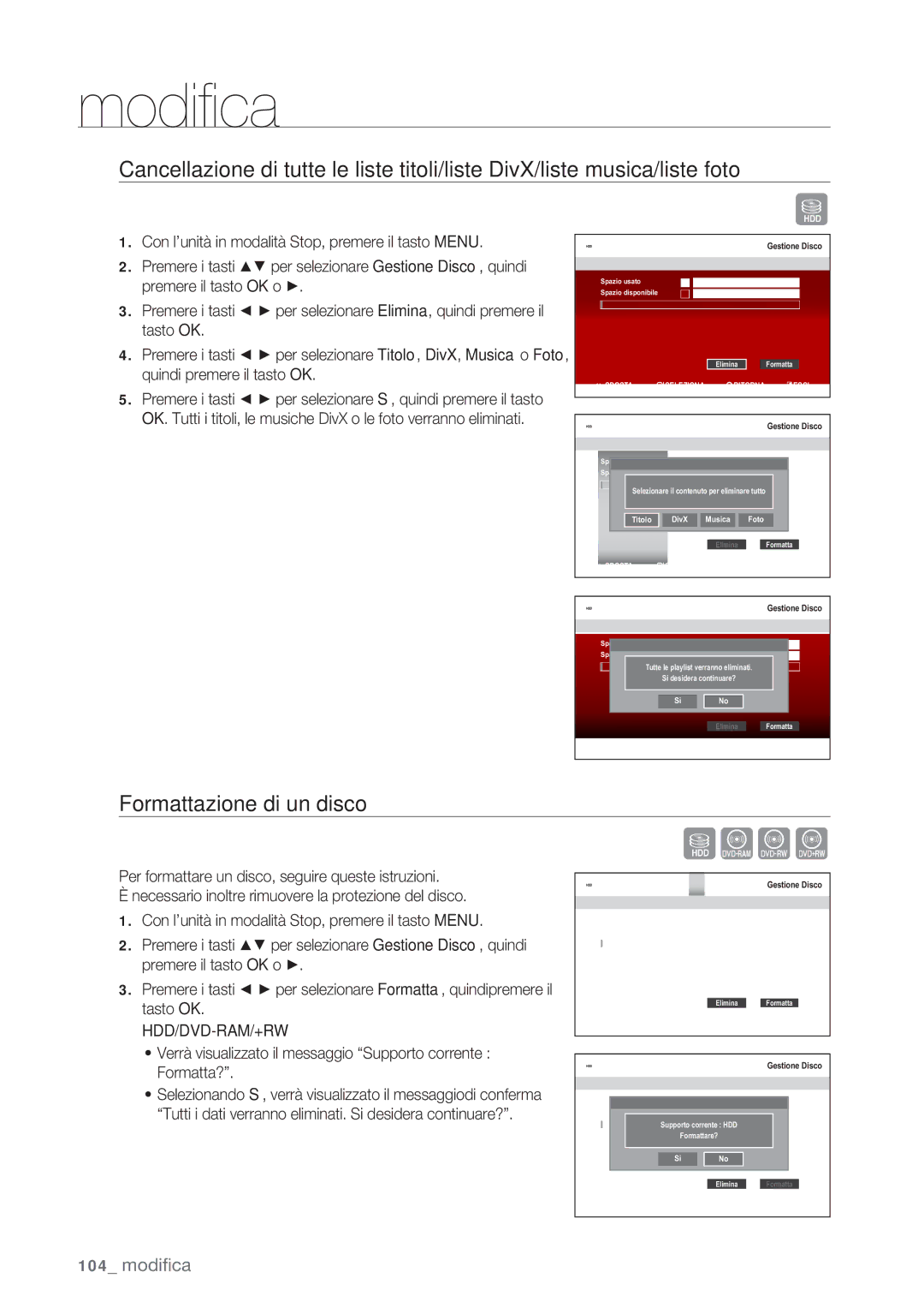 Samsung DVD-SH873/XET, DVD-SH873/XEF manual Formattazione di un disco, Hdd/Dvd-Ram/+Rw 