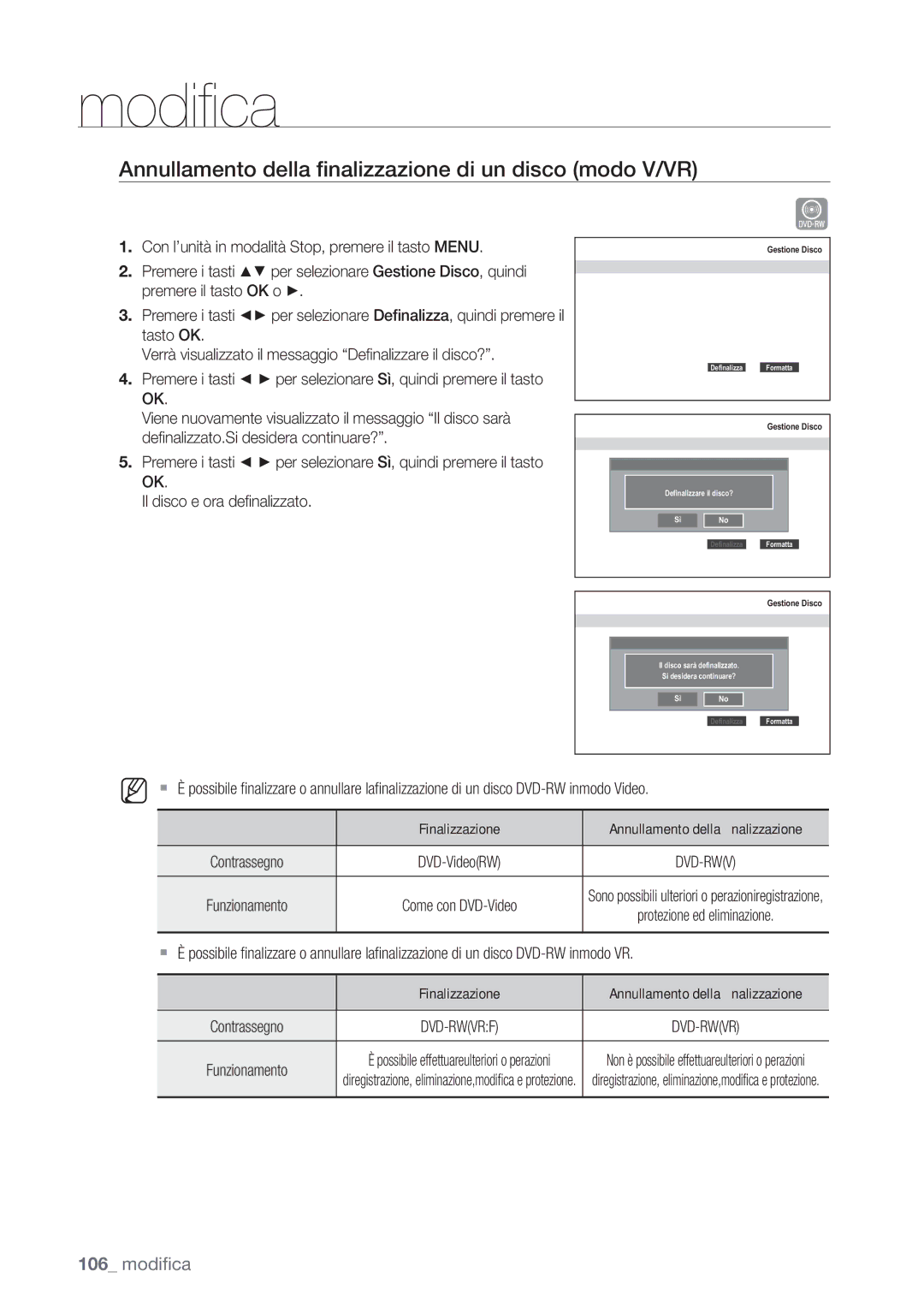 Samsung DVD-SH873/XET, DVD-SH873/XEF manual Annullamento della ﬁnalizzazione di un disco modo V/VR, Dvd-Rwvrf 