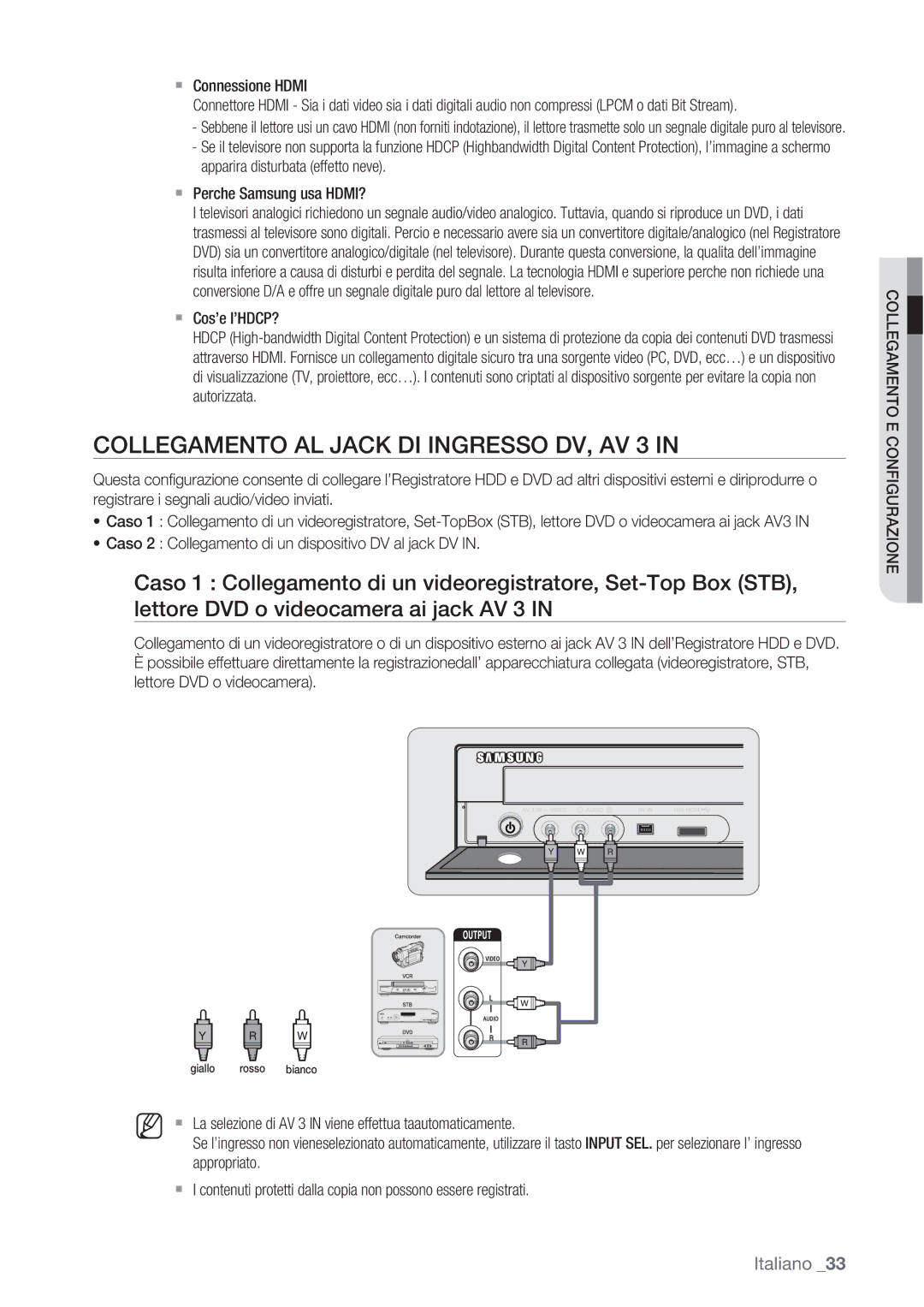 Samsung DVD-SH873/XEF, DVD-SH873/XET manual Collegamento AL Jack DI Ingresso DV, AV 3,  Connessione Hdmi,  Cos’e l’HDCP? 