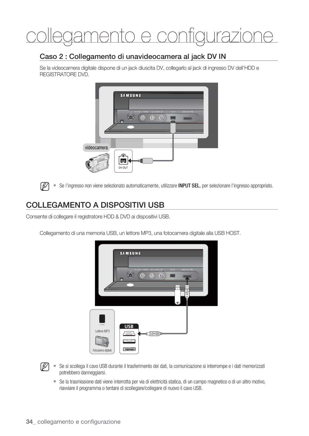 Samsung DVD-SH873/XET Collegamento a Dispositivi USB, Caso 2 Collegamento di unavideocamera al jack DV, Registratore DVD 