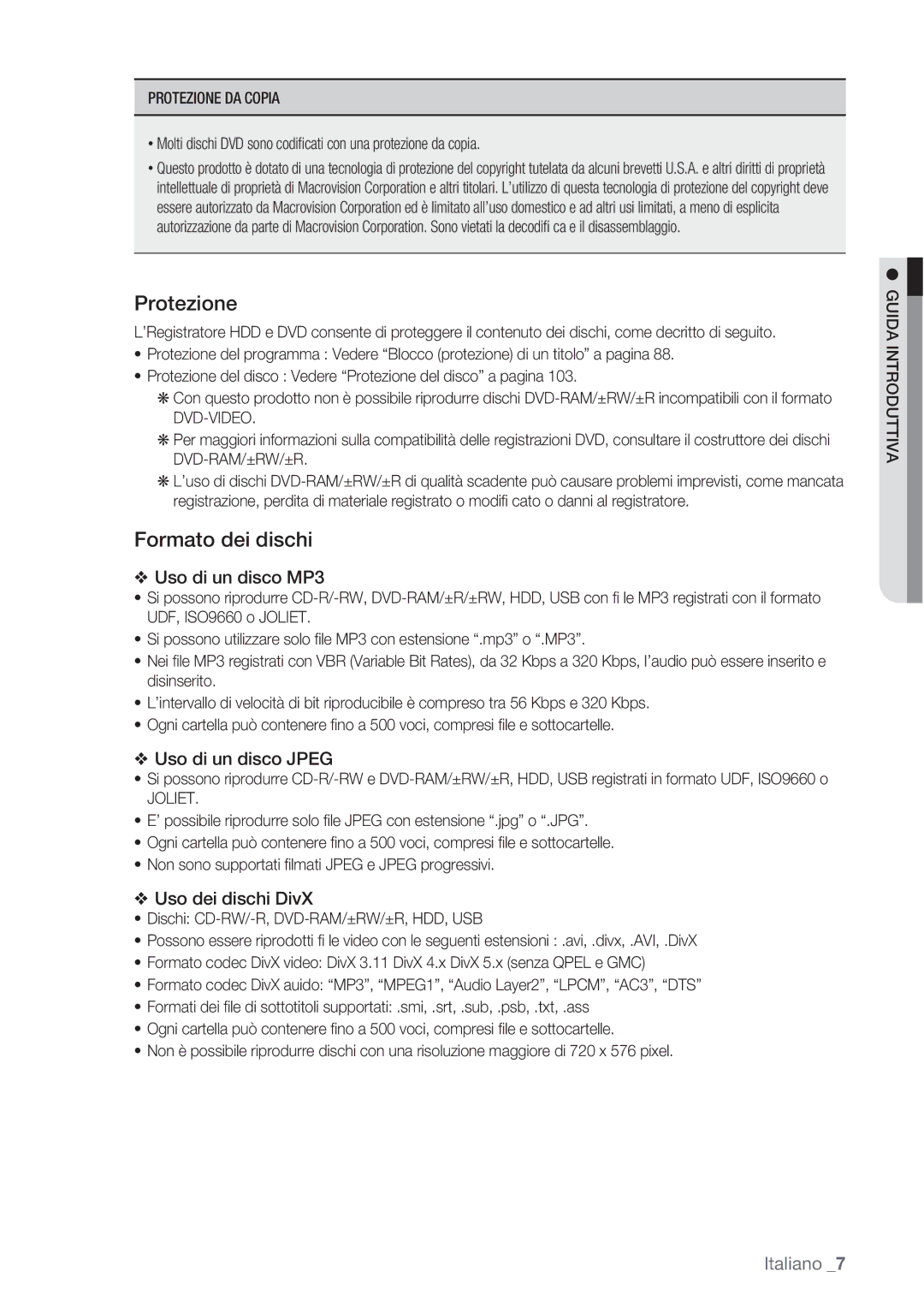 Samsung DVD-SH873/XEF, DVD-SH873/XET manual Formato dei dischi, Protezione DA Copia, Joliet 